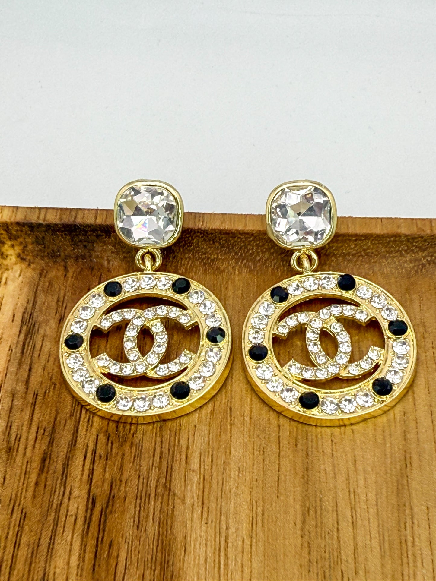 Gold Sparkling CC Designer Stud Earrings