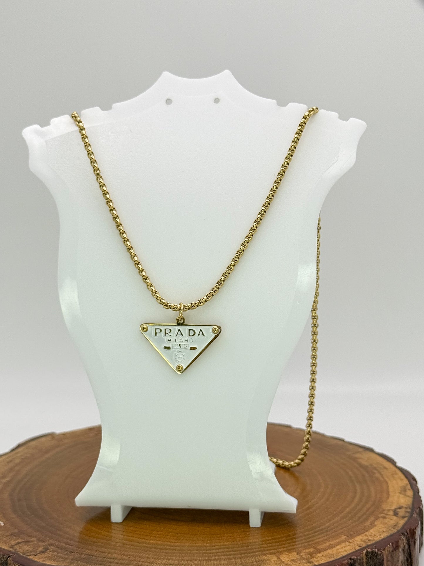 Gold Prada Designer Pendant Stainless Steel Necklace