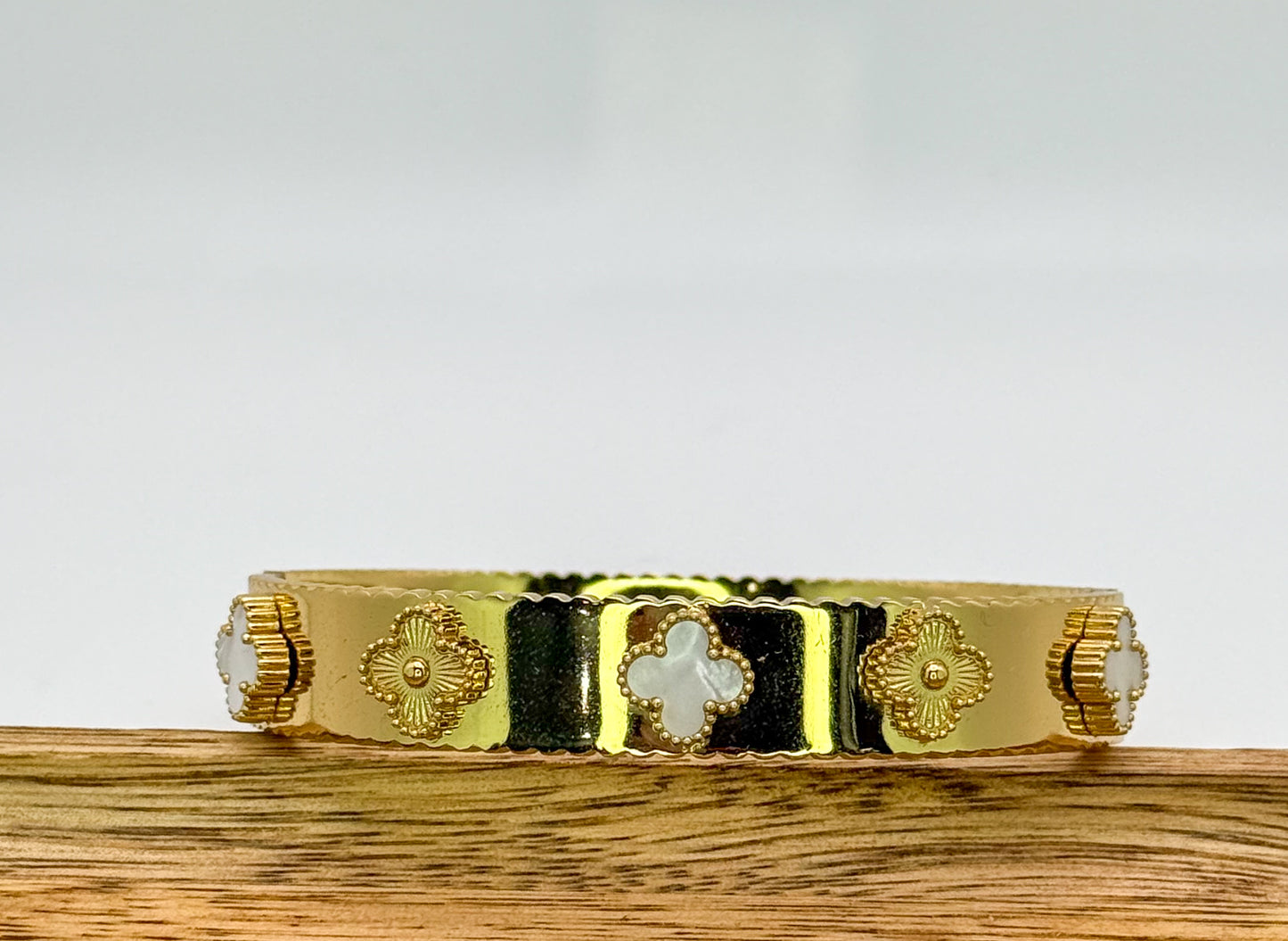 Gold with Mother of Pearl Shell Clover Bangle Bracelet