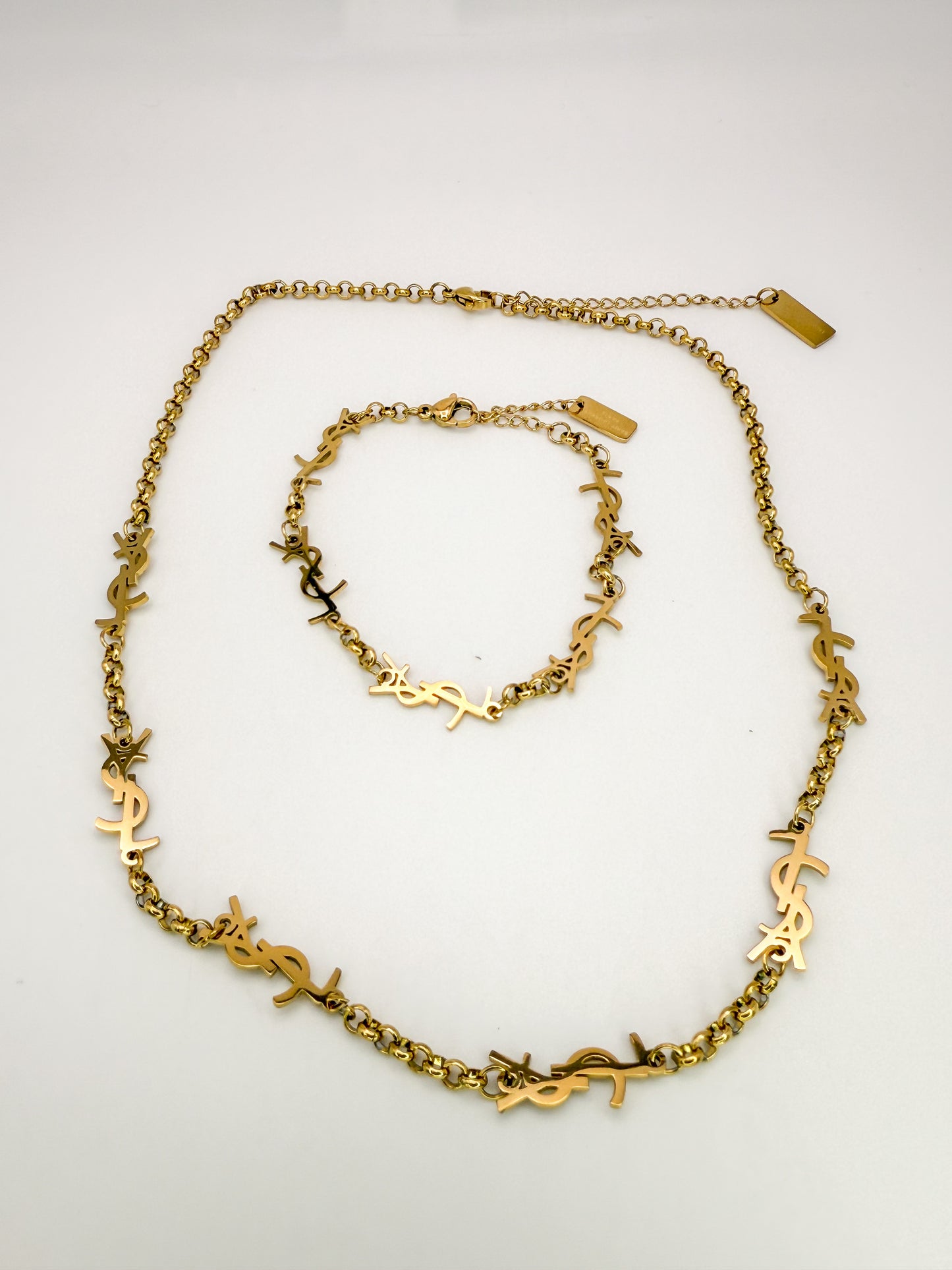YSL Designer Gold Stainless Steel Matching Necklace & Bracelet Set