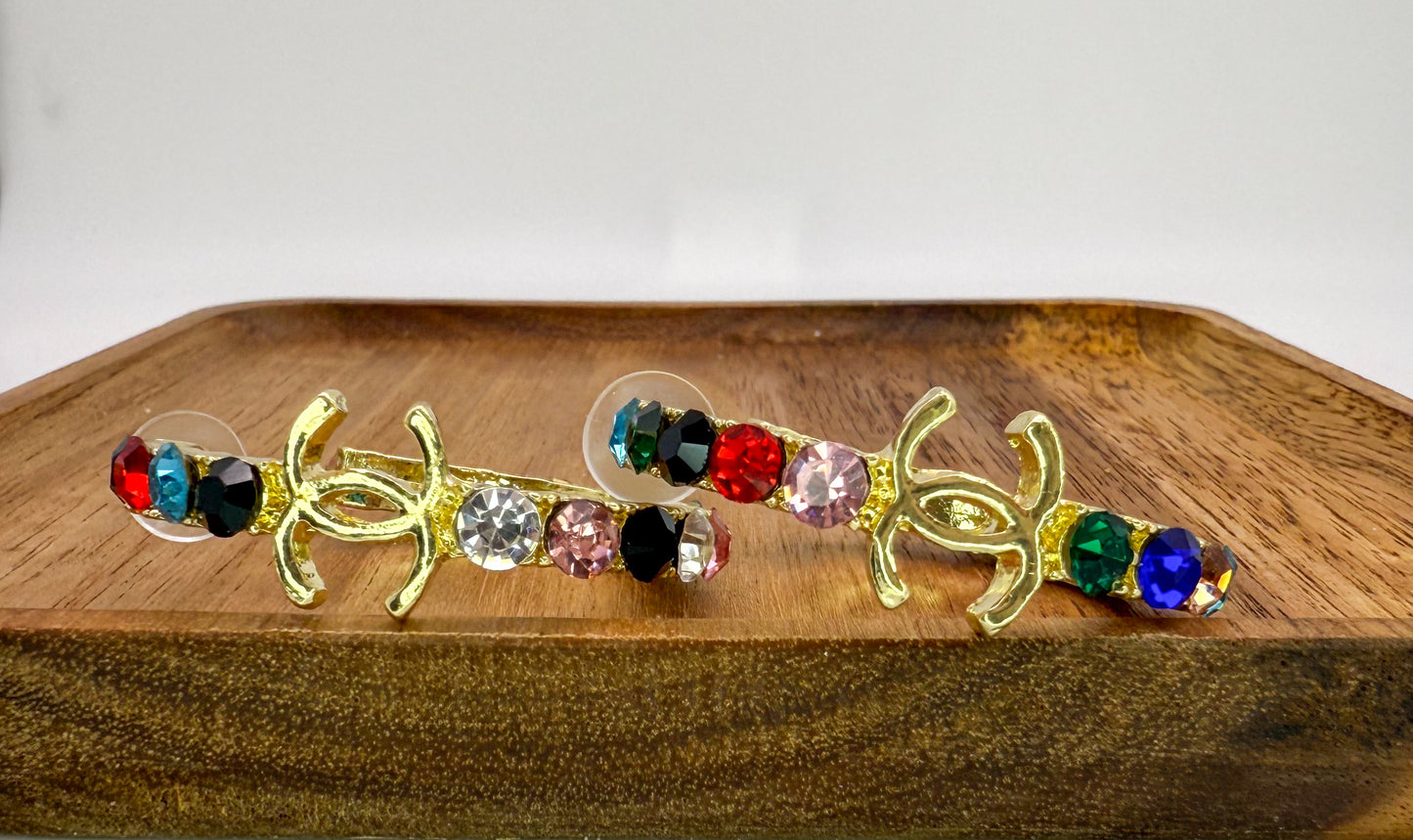 CC Designer Colorful Rhinestone Gold Hoop Earrings