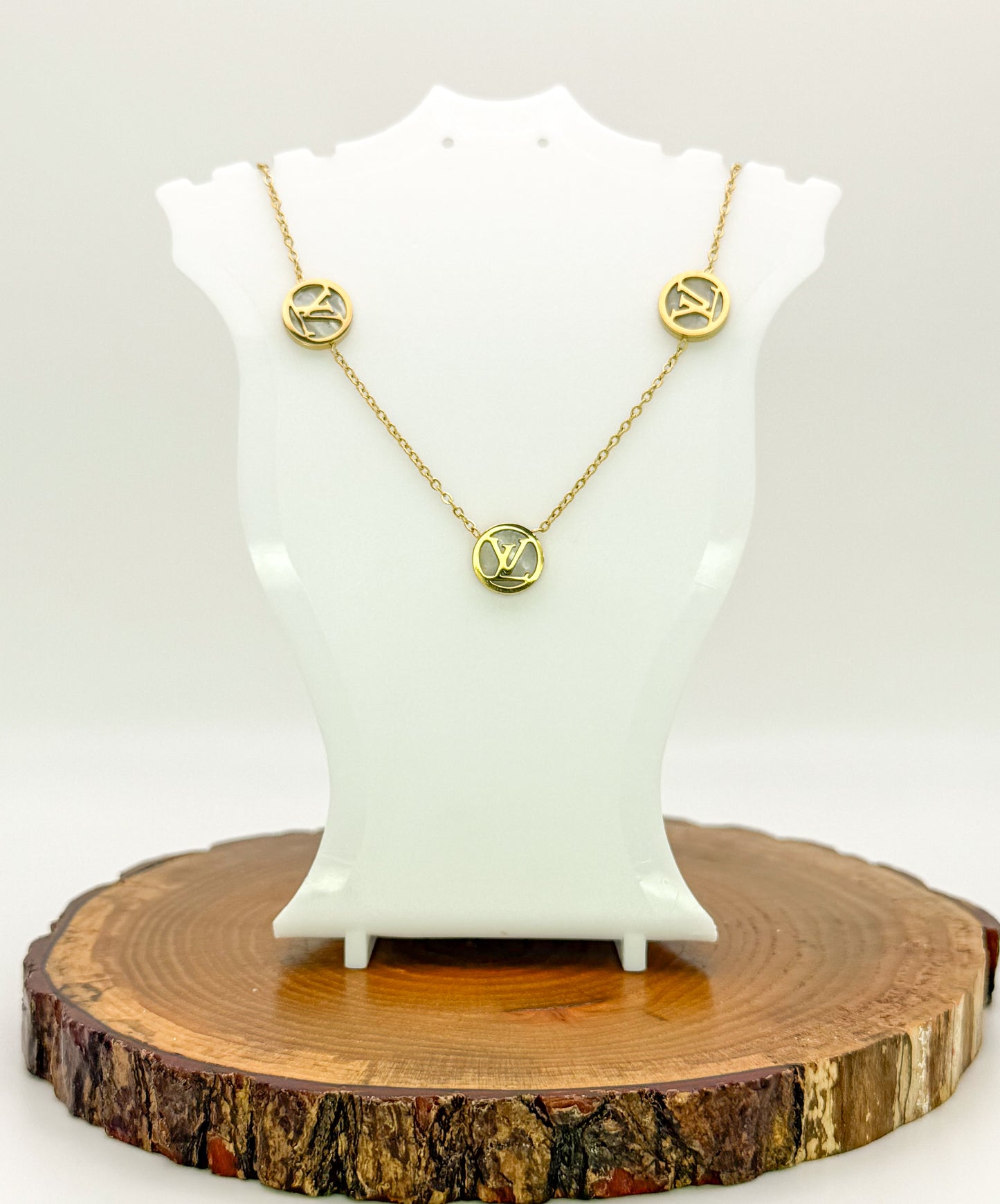Round LV Designer Gold Stainless Steel Necklace with Mother of Pearl Shell Inclusions