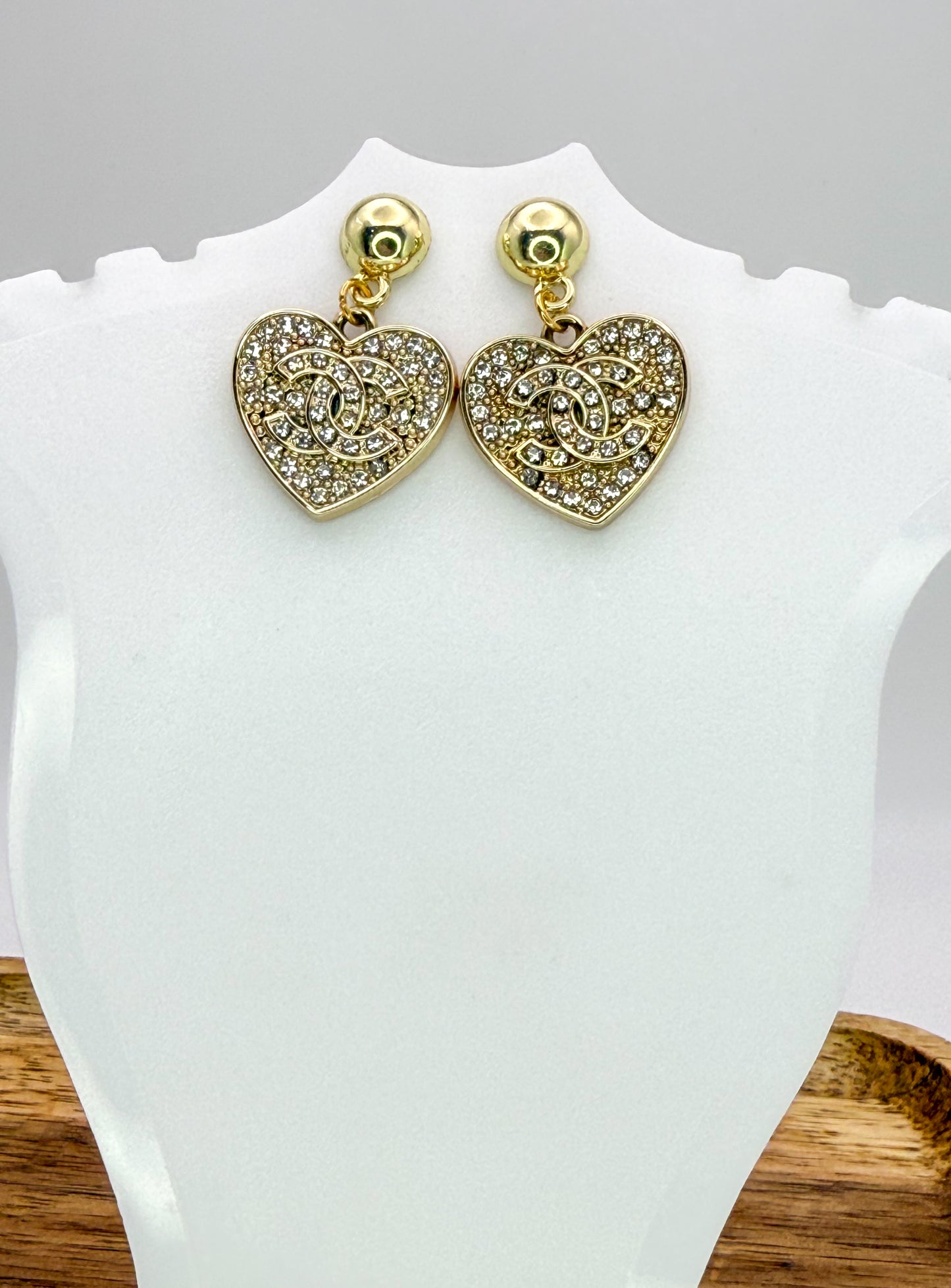 Sparkling CC Gold Heart Dangle Stud Earrings