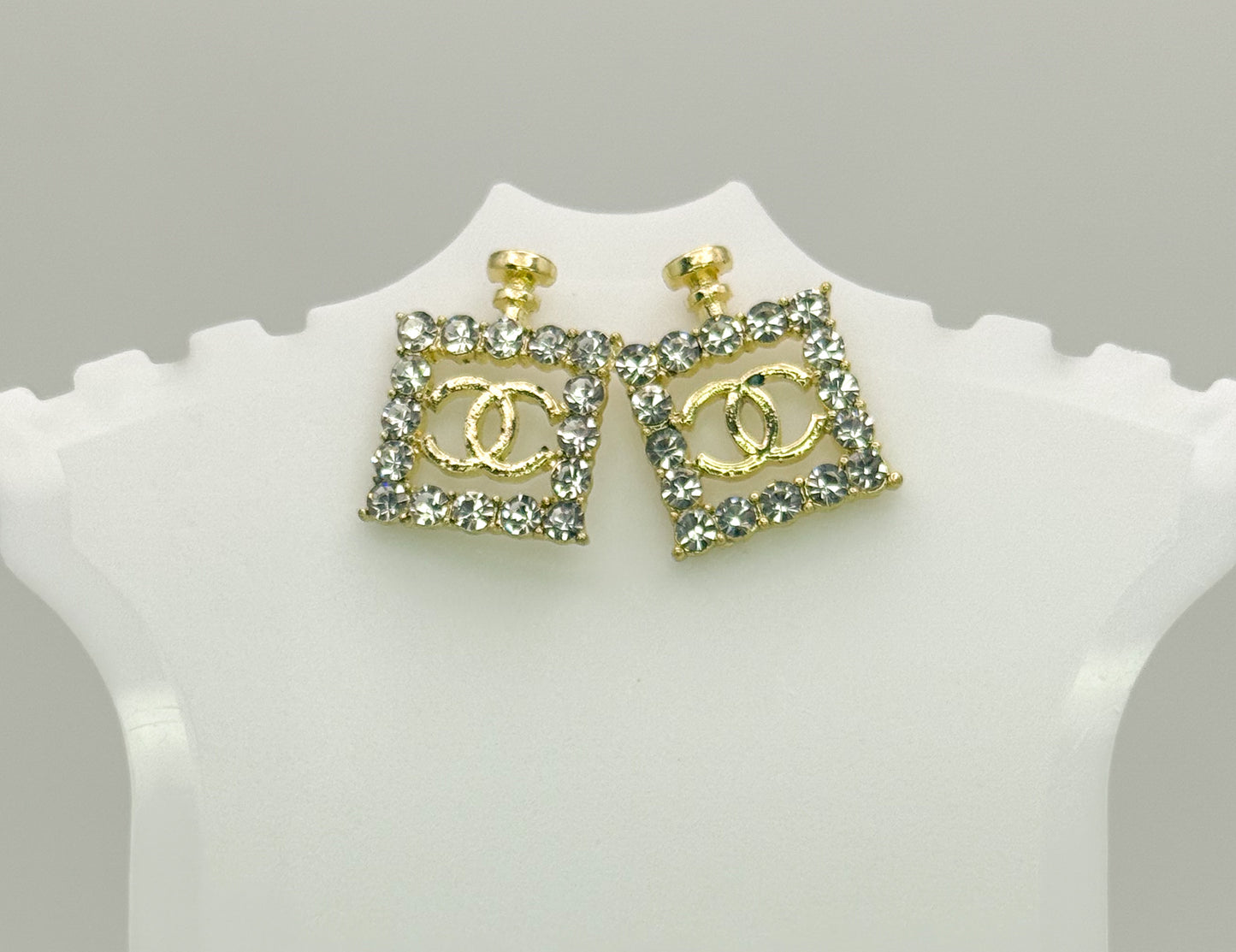 Gold CC Designer Perfume Bottle Stud Earrings
