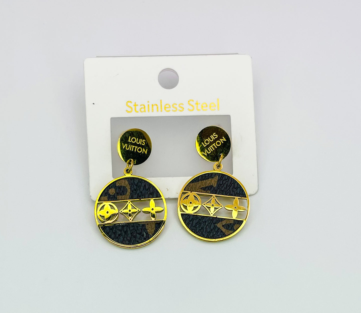LV Designer Stud Drop Earrings with Embedded Leather