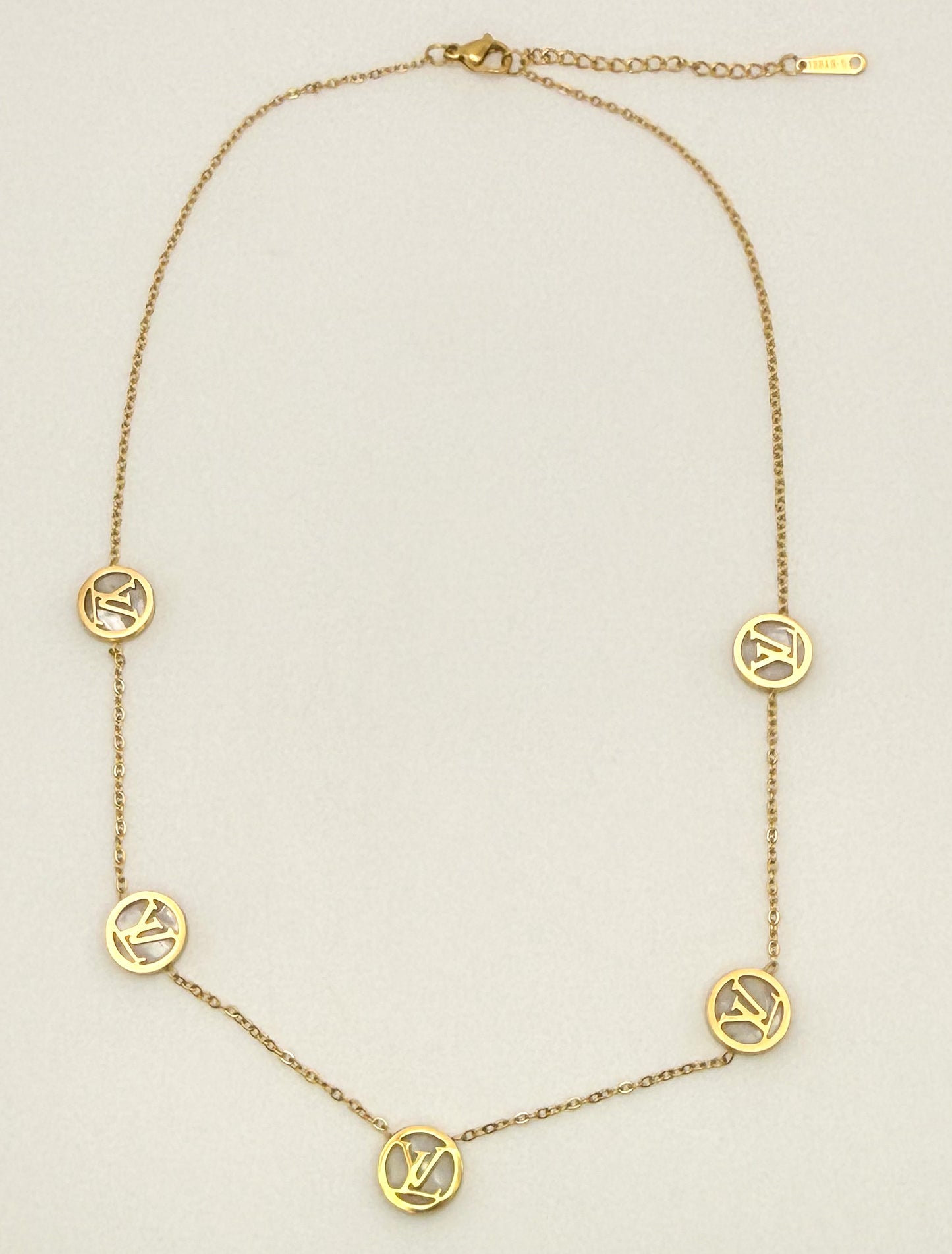 Round LV Designer Gold Stainless Steel Necklace with Mother of Pearl Shell Inclusions
