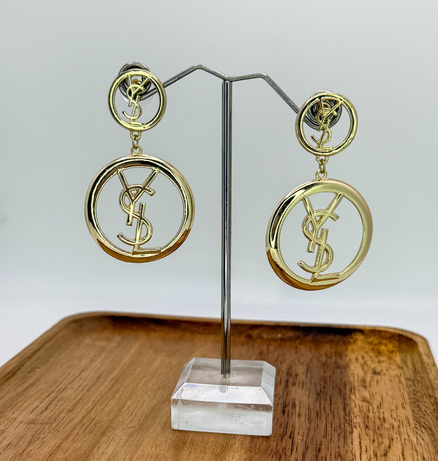 Gold YSL Stud Dangling Hoop Earrings