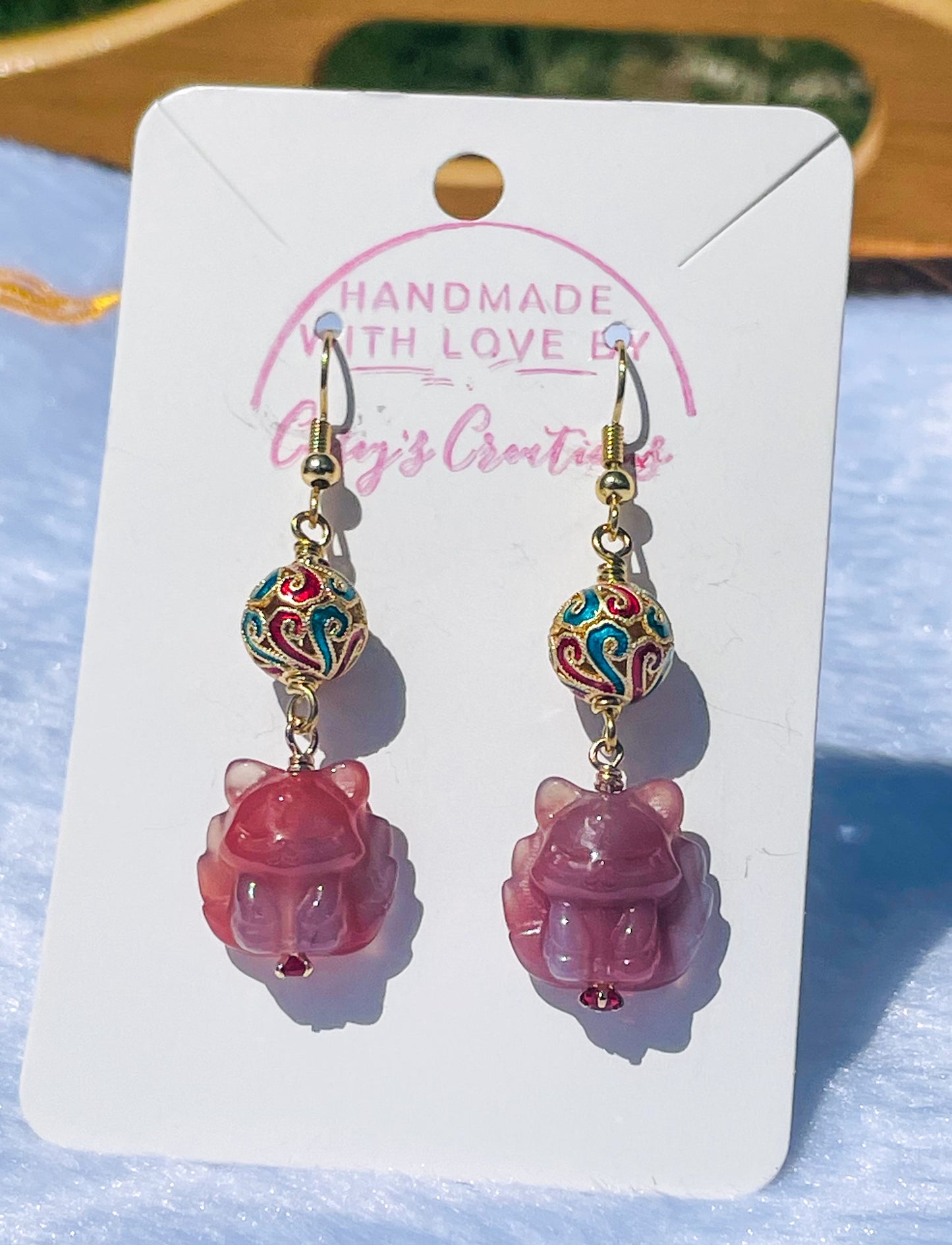 Natural Yanyuan Agate 9 Tail Fox Carving Gold S925 Earrings