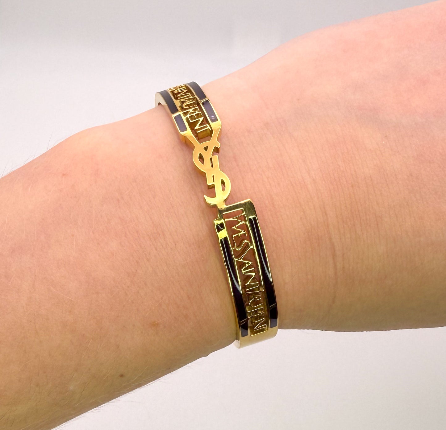 High Quality YSL Designer Gold Stainless Steel Bangle Bracelet with Designer Stamp