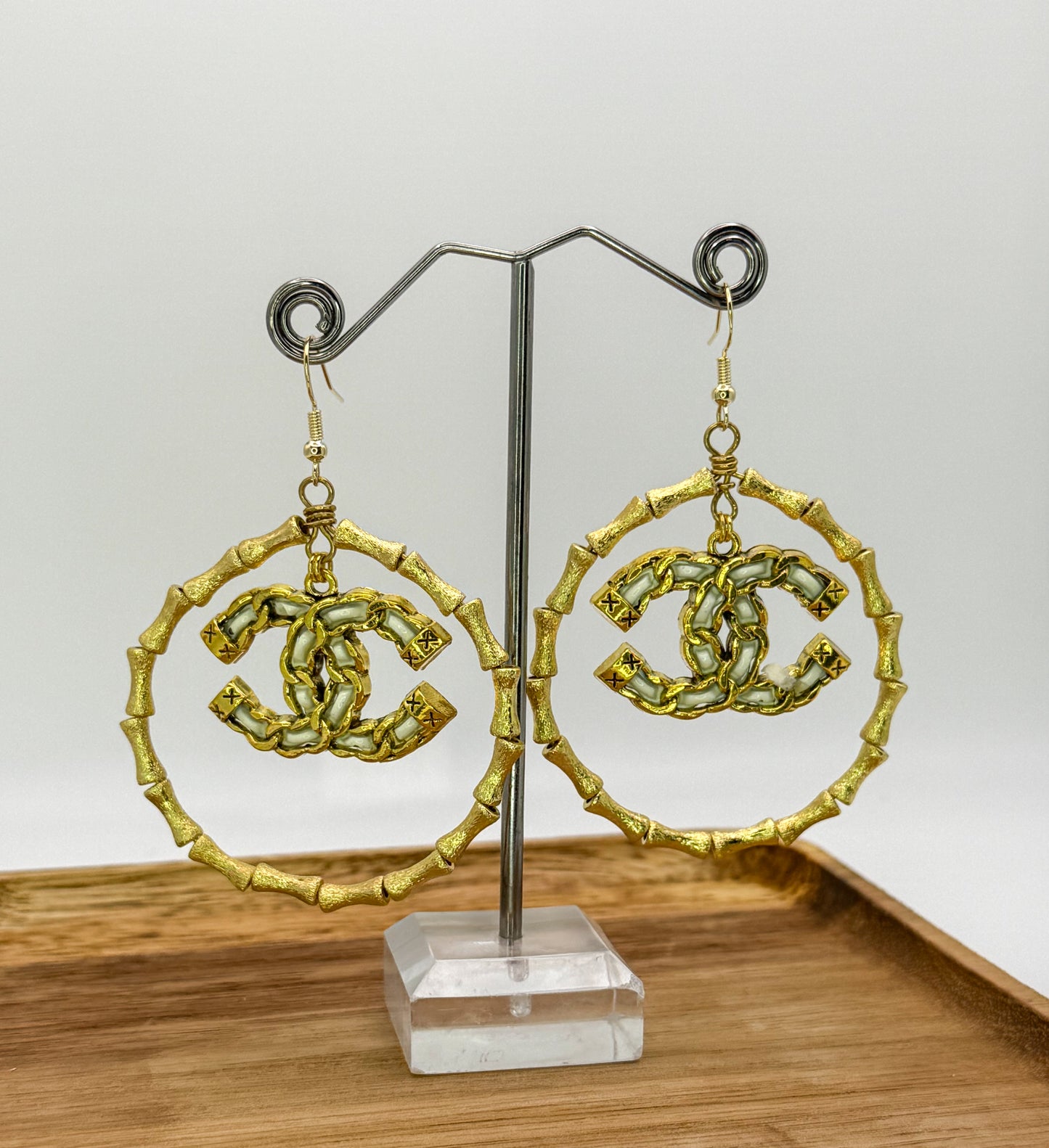 Gold Bamboo CC Designer Hoop Earrings