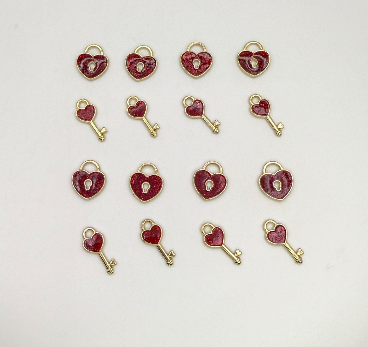 Mini Gold & Sparkling Red Heart Lock & Key DIY Charm Mix