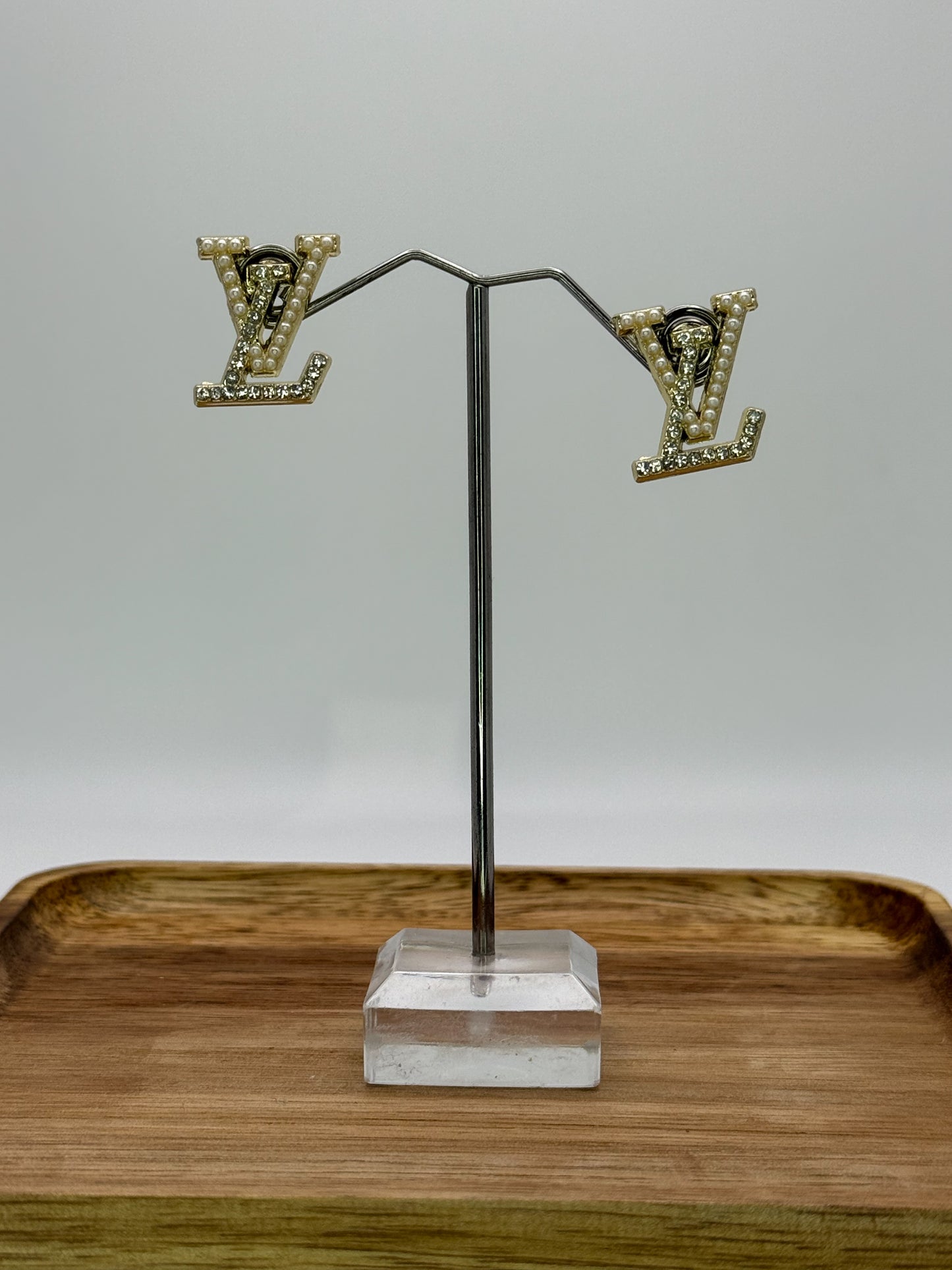 LV Designer Gold Logo Stud Earrings
