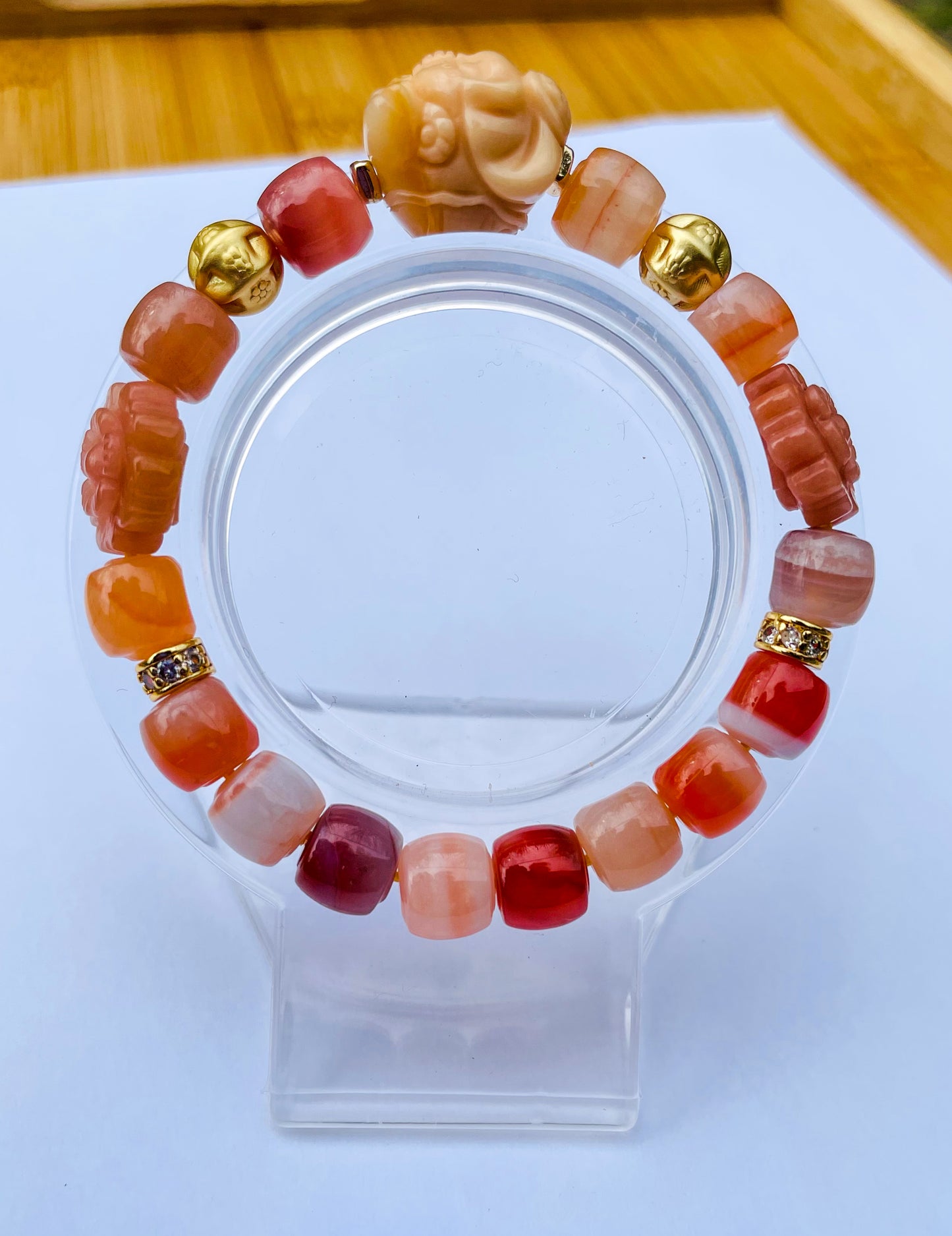 Natural Orange Botswana Agate with Natural Alashan Agate Baby Elephant Crystal Carving Beaded Stretch Adjustable Bracelet