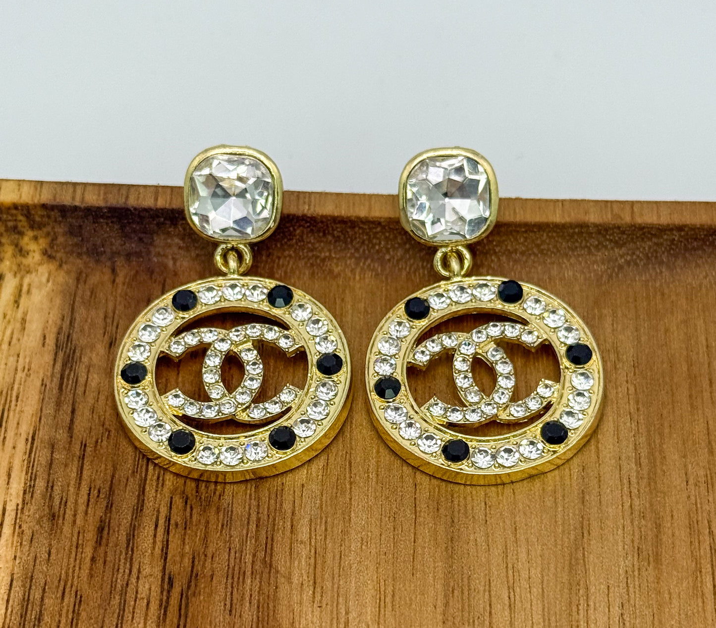 Gold Sparkling CC Designer Stud Earrings