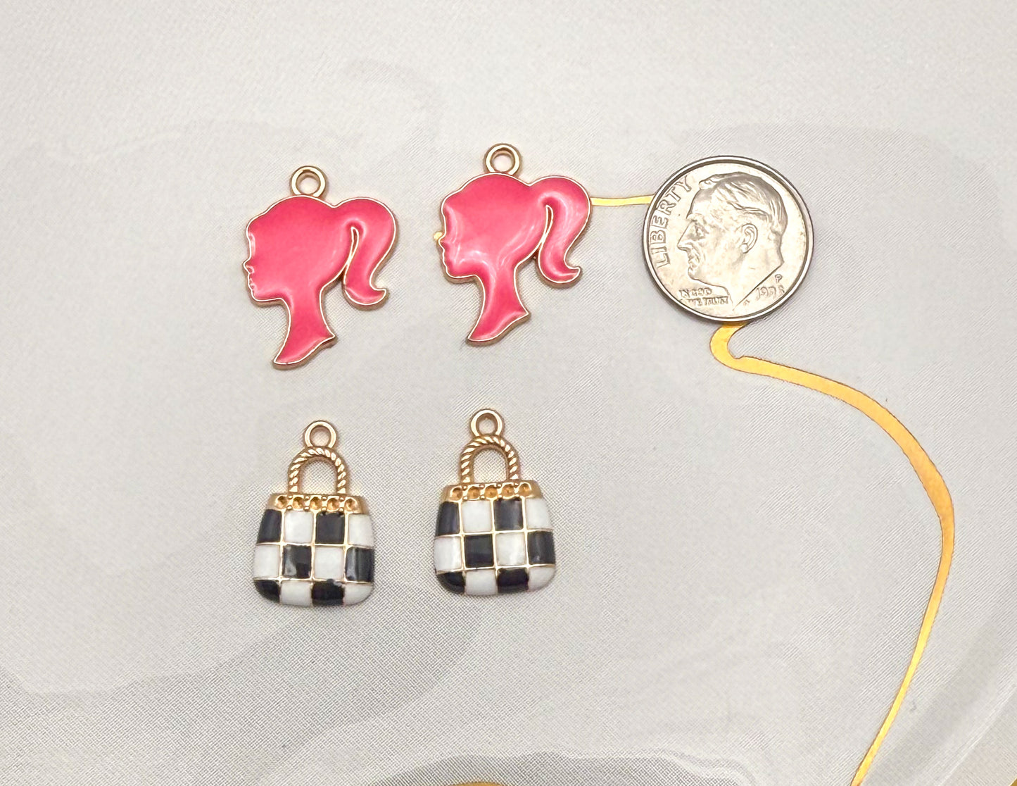 Pink Enamel Barbie Head & Checker Purse Bag DIY Metal Charms