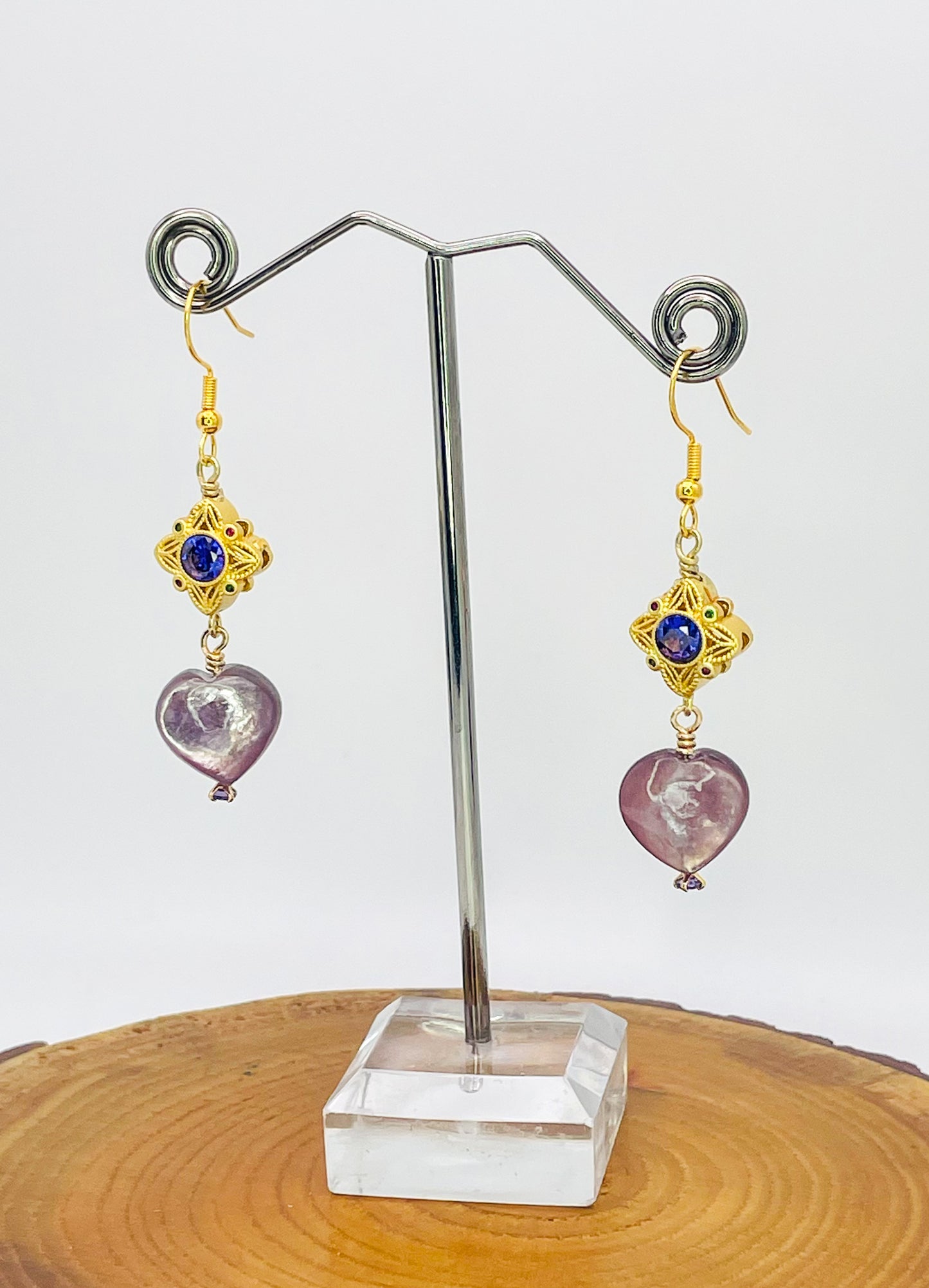 Natural Lepidolite Heart Gold Earrings