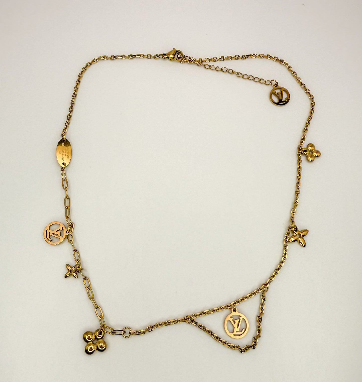 Matching LV Designer Logo Gold Stainless Steel Necklace & Bracelet Set