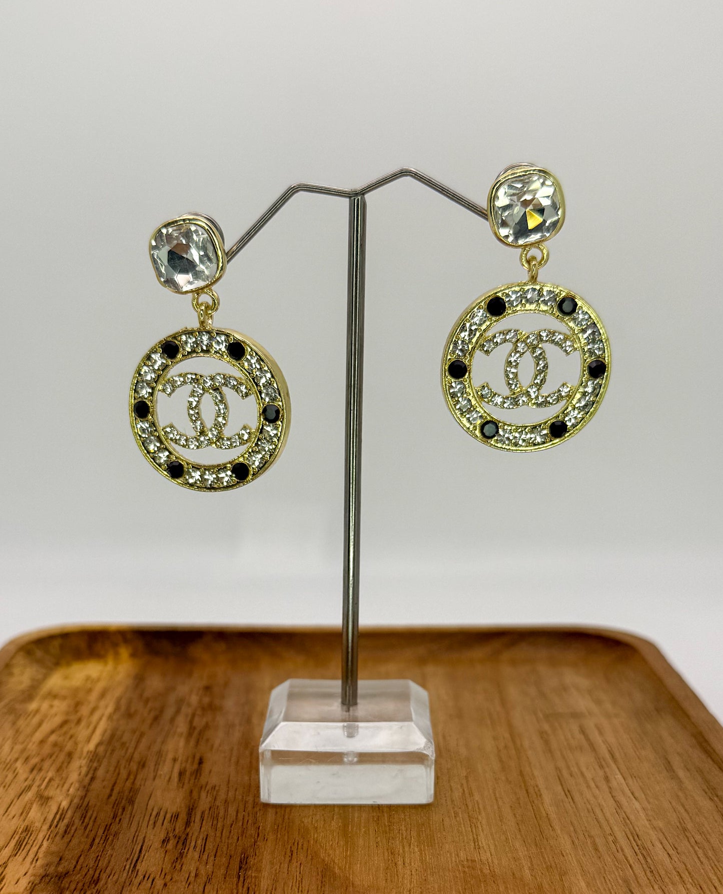 Gold Sparkling CC Designer Stud Earrings