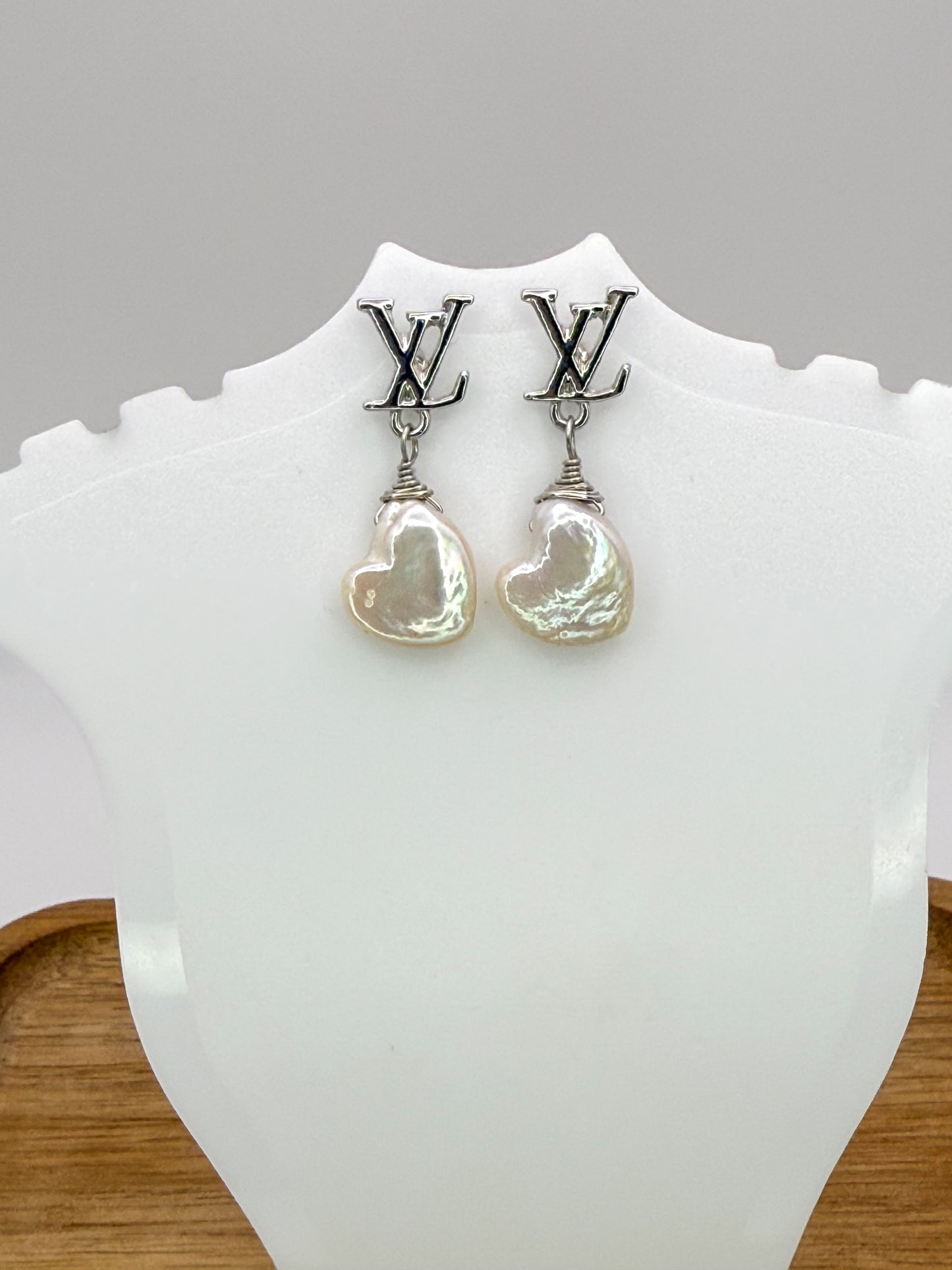 Silver LV Designer Stud Earrings with Heart Shaped Natural Freshwater Pearls