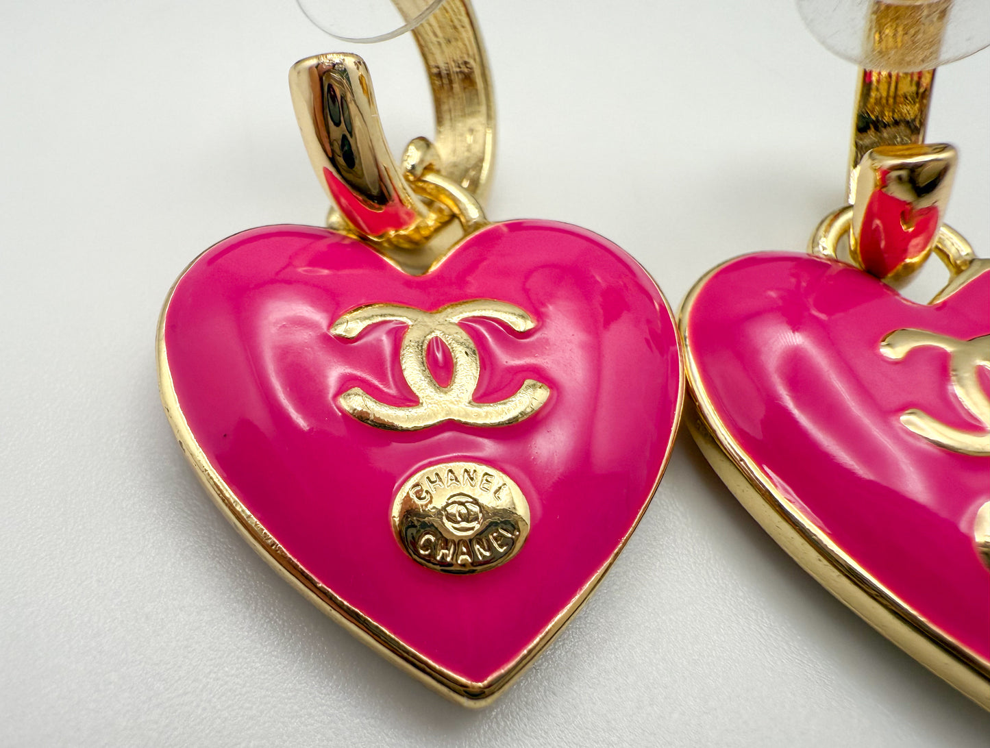 Gold & Hot Pink CC Designer Stud Dangle Hoop Earrings