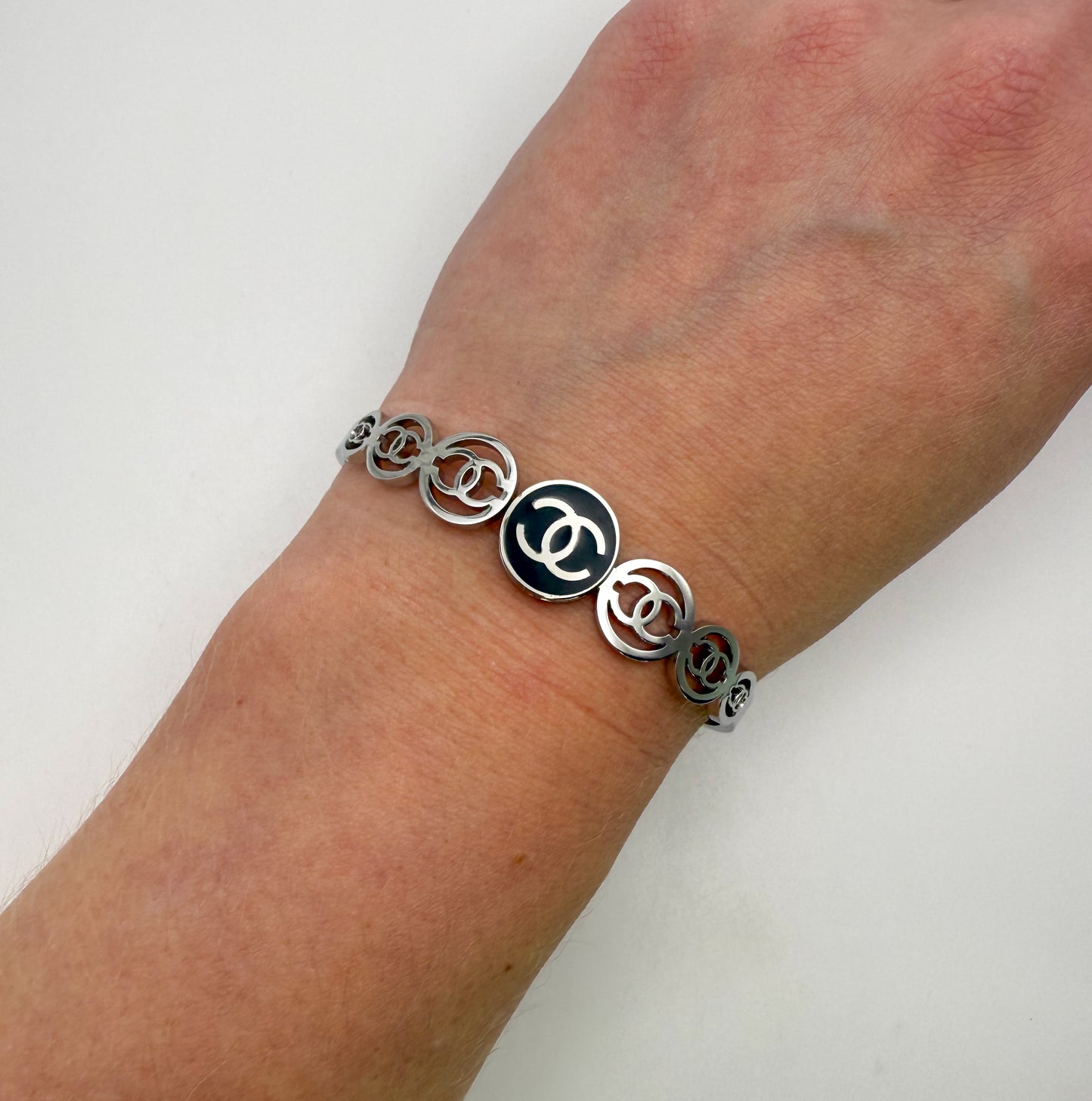 Silver CC Open Front Bangle Bracelet