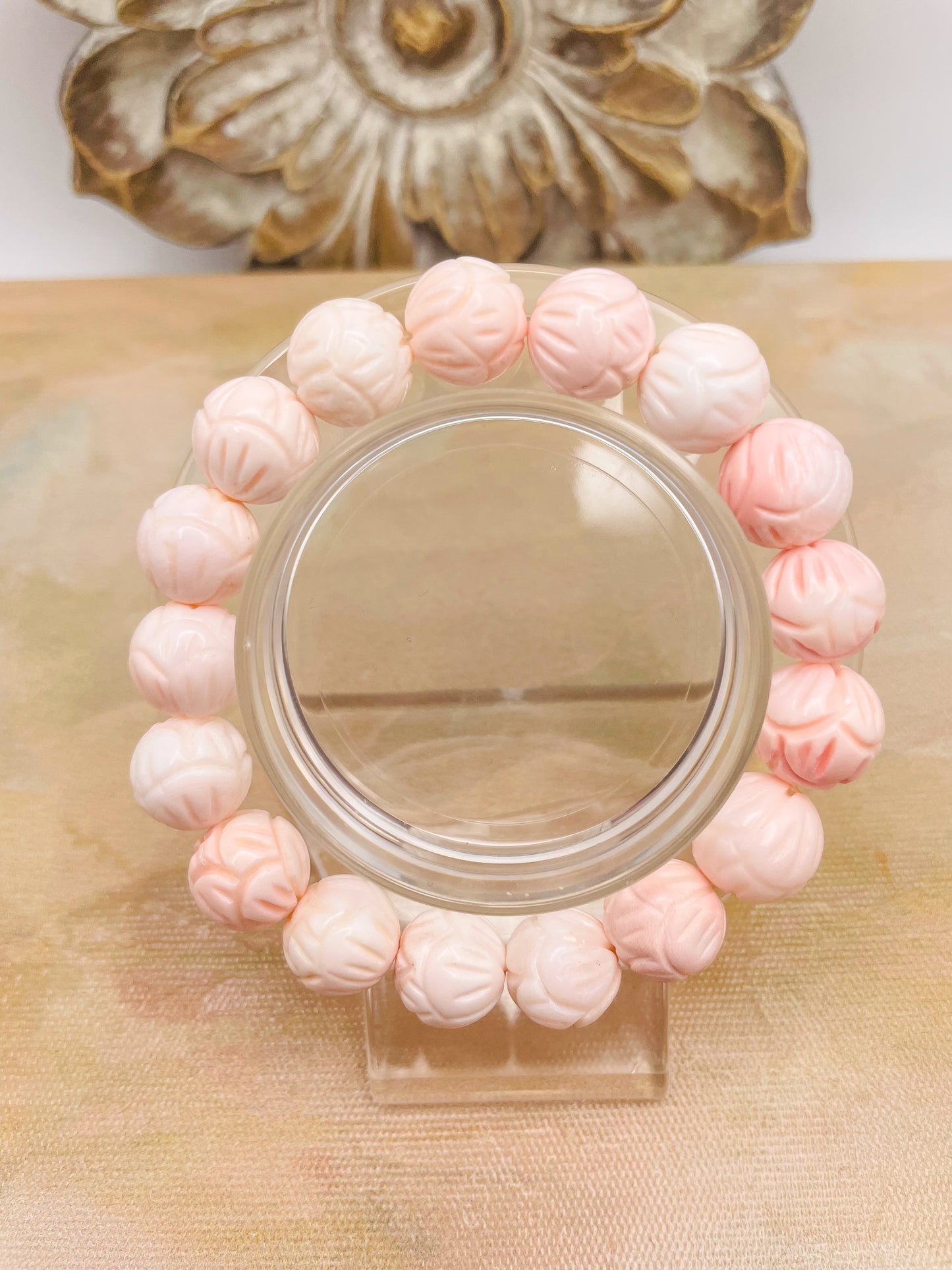 Natural Lotus Craved Pink Queen Conch Shell Beaded Stretch Bracelet w/ Certificate of Authenticity