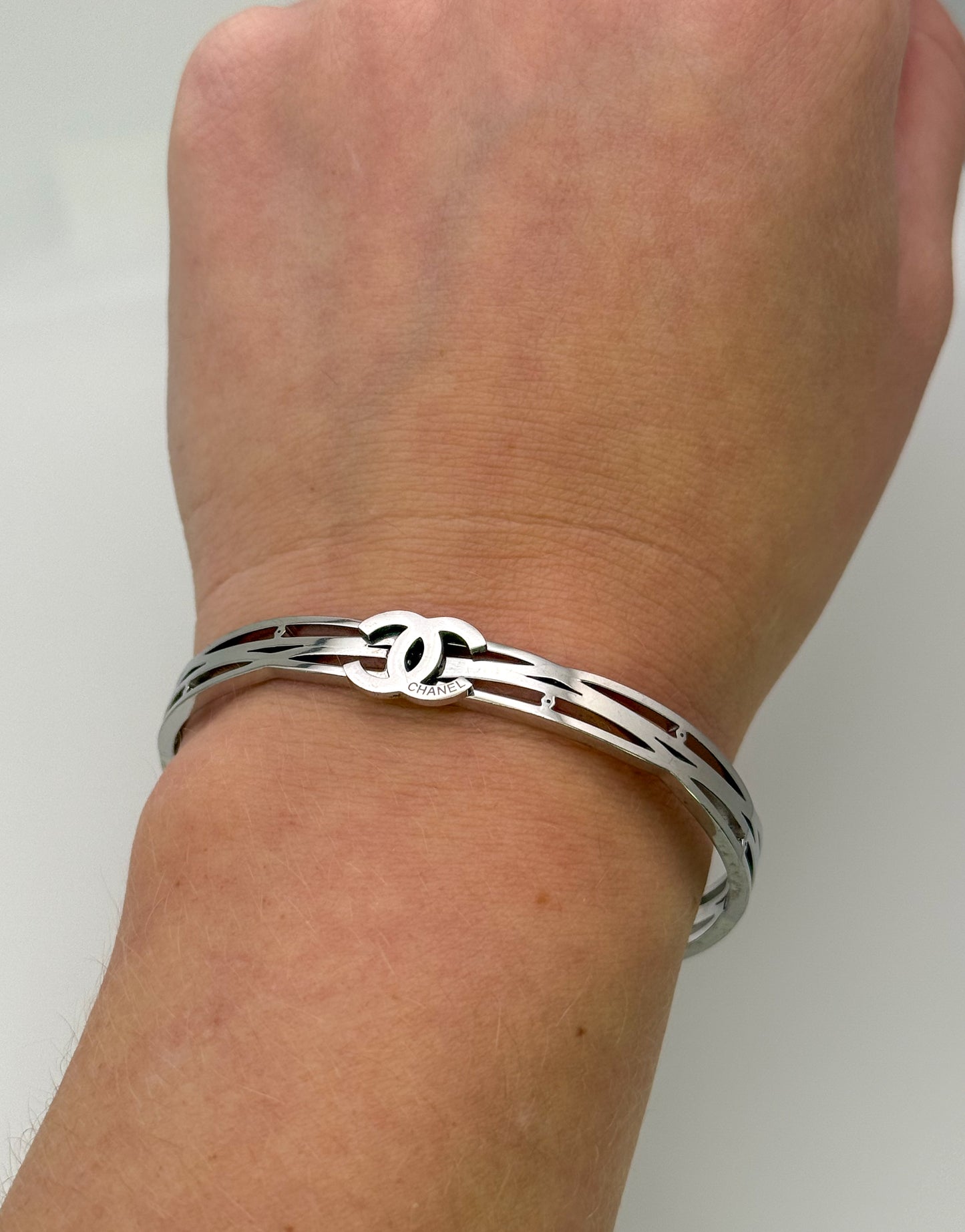Silver Stainless Steel CC Designer Open Front Bangle Bracelet