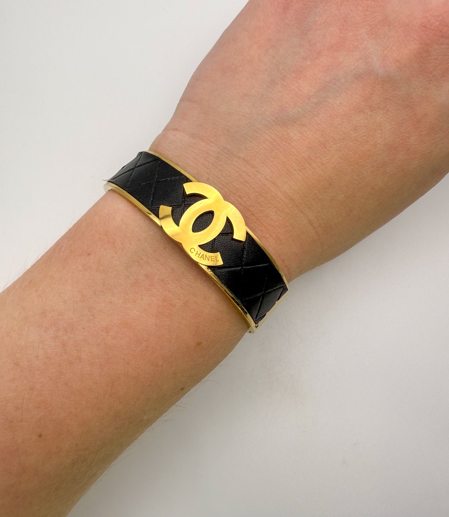 Thick Gold CC Bangle Bracelet with Leather Wrap
