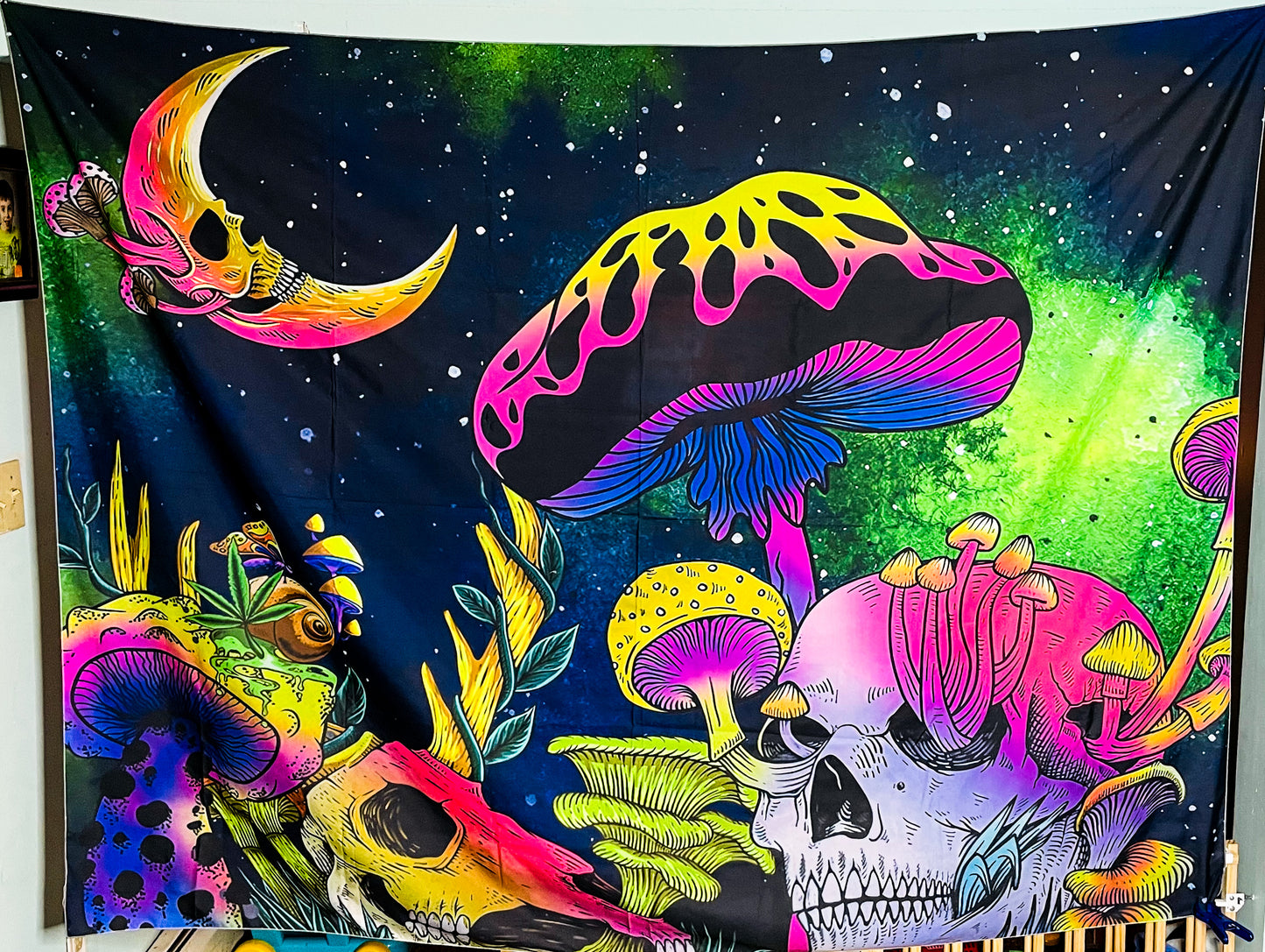 UV Blacklight Reactive Glow in the Dark Fantasy Skull Mushroom Land Tapestry