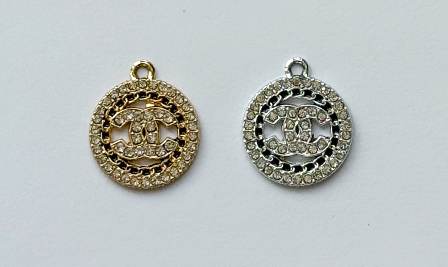 Zircon Covered CC Designer Round Silver or Gold DIY Charms