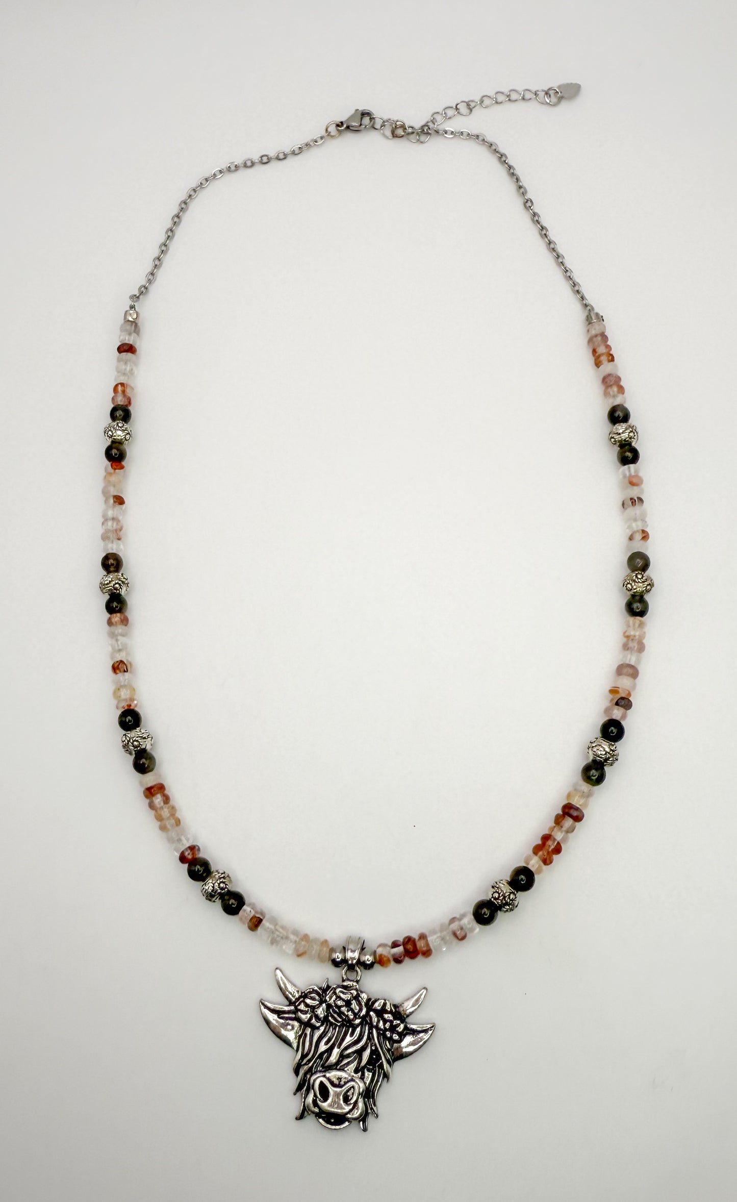 Natural Fire Quartz & Silver Highland Cow Pendant Necklace
