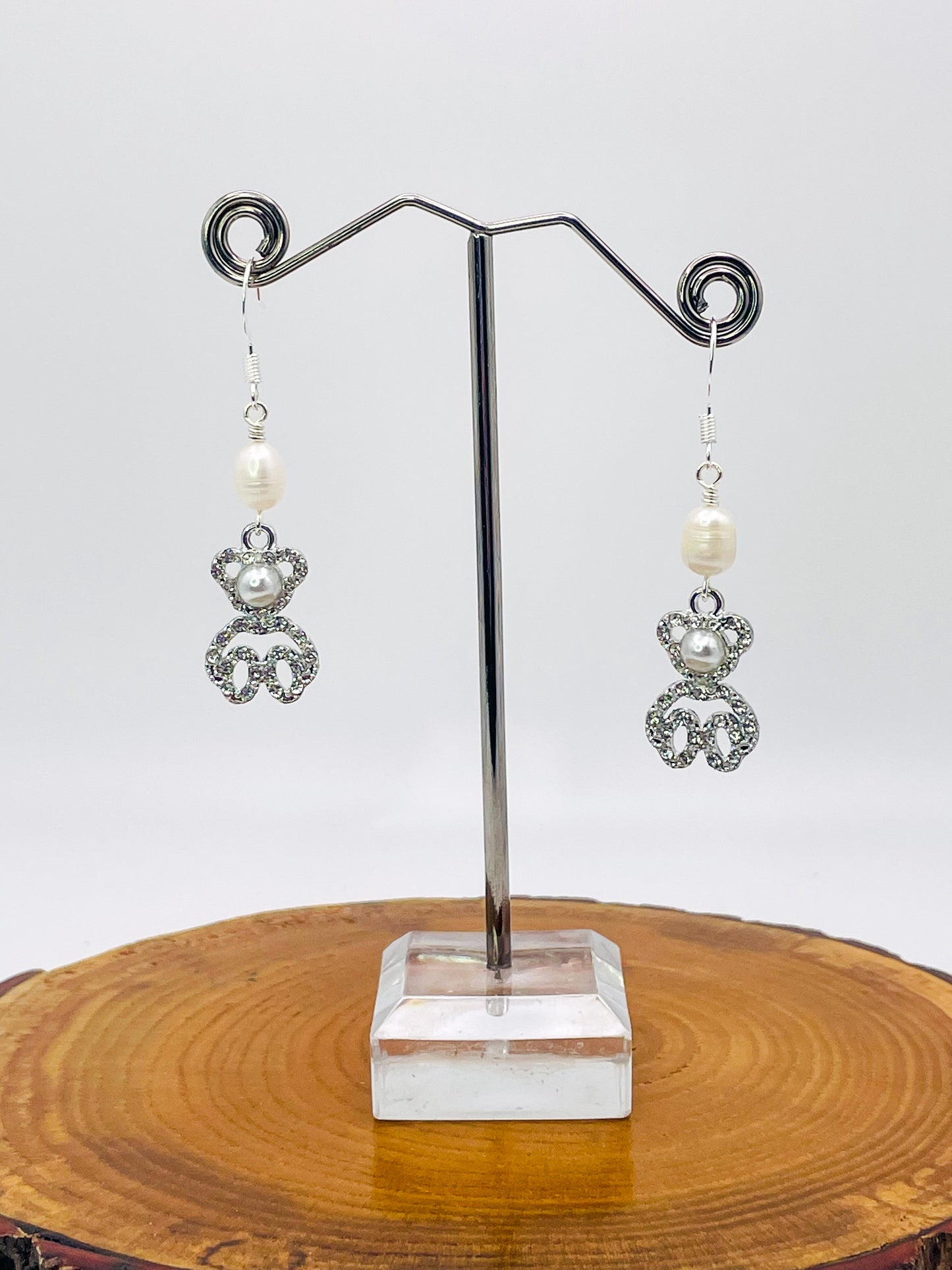 Silver Pearl Teddy Bear Earrings