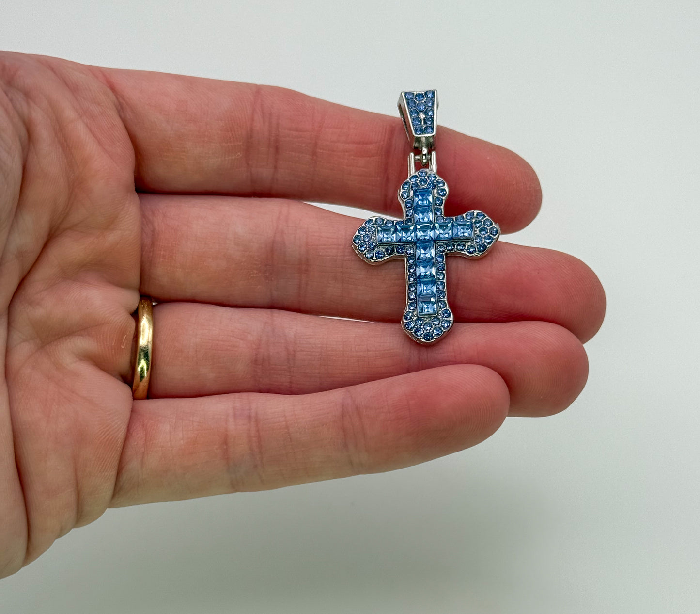 Blue Zircon Covered Silver Cross Pendant
