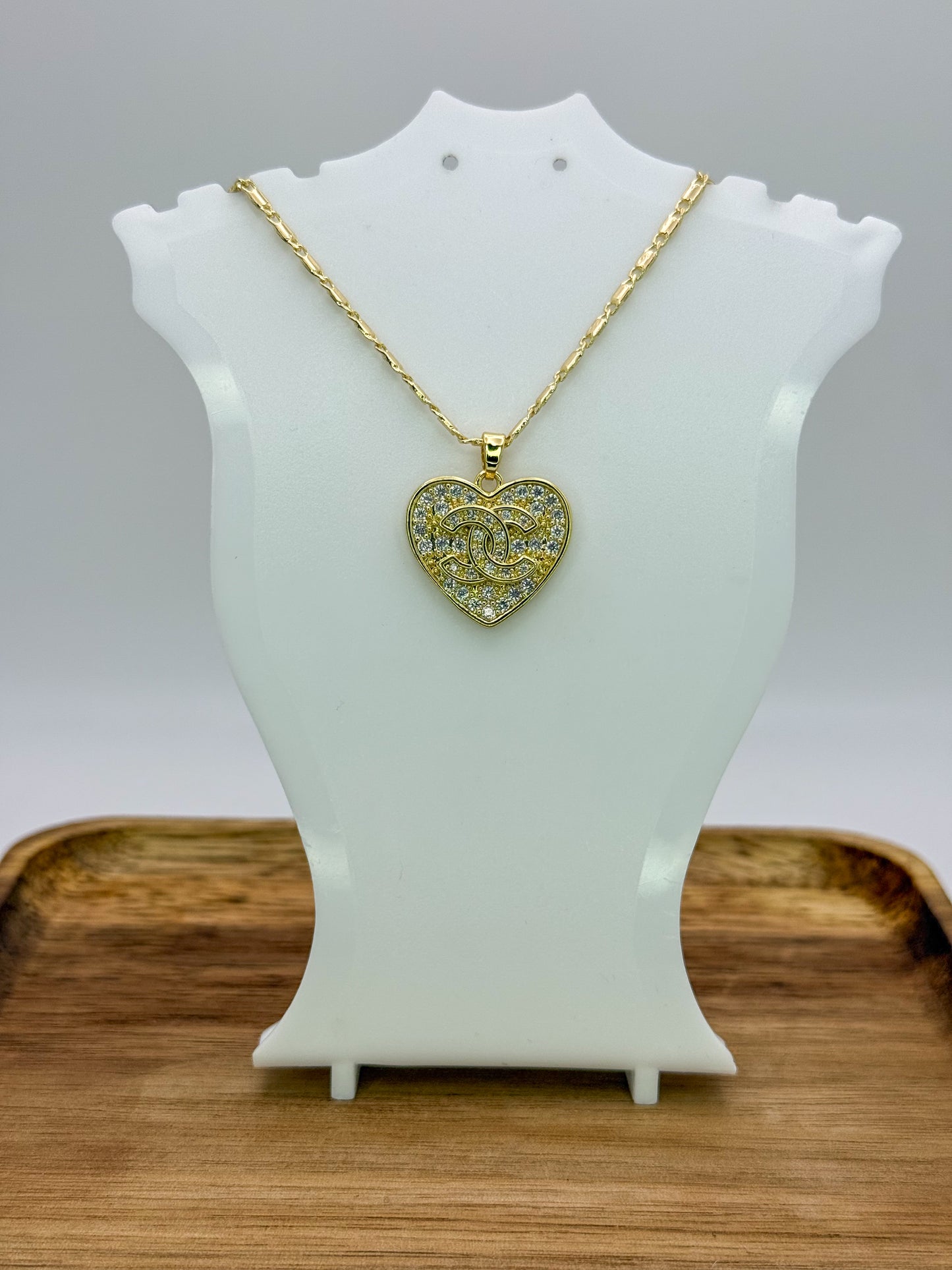 Sparkling Gold CC Heart Pendant on 24k Gold Filled Necklace Chain