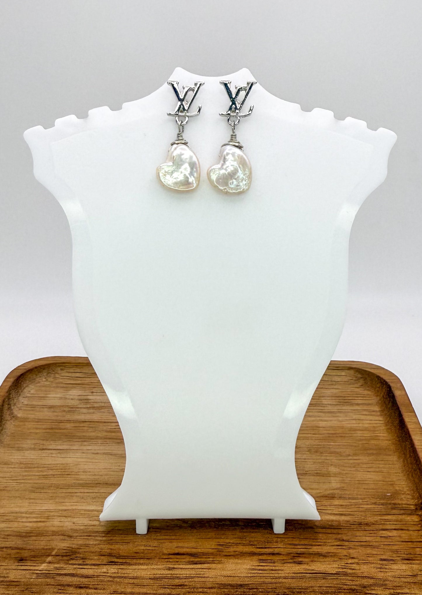 Silver LV Designer Stud Earrings with Heart Shaped Natural Freshwater Pearls