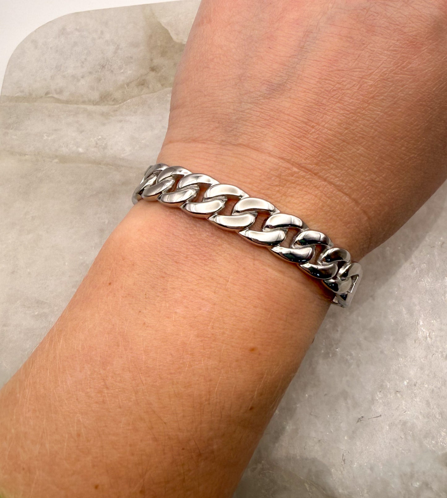 Silver Stainless Steel Cuban Chain Link Bangle Bracelet