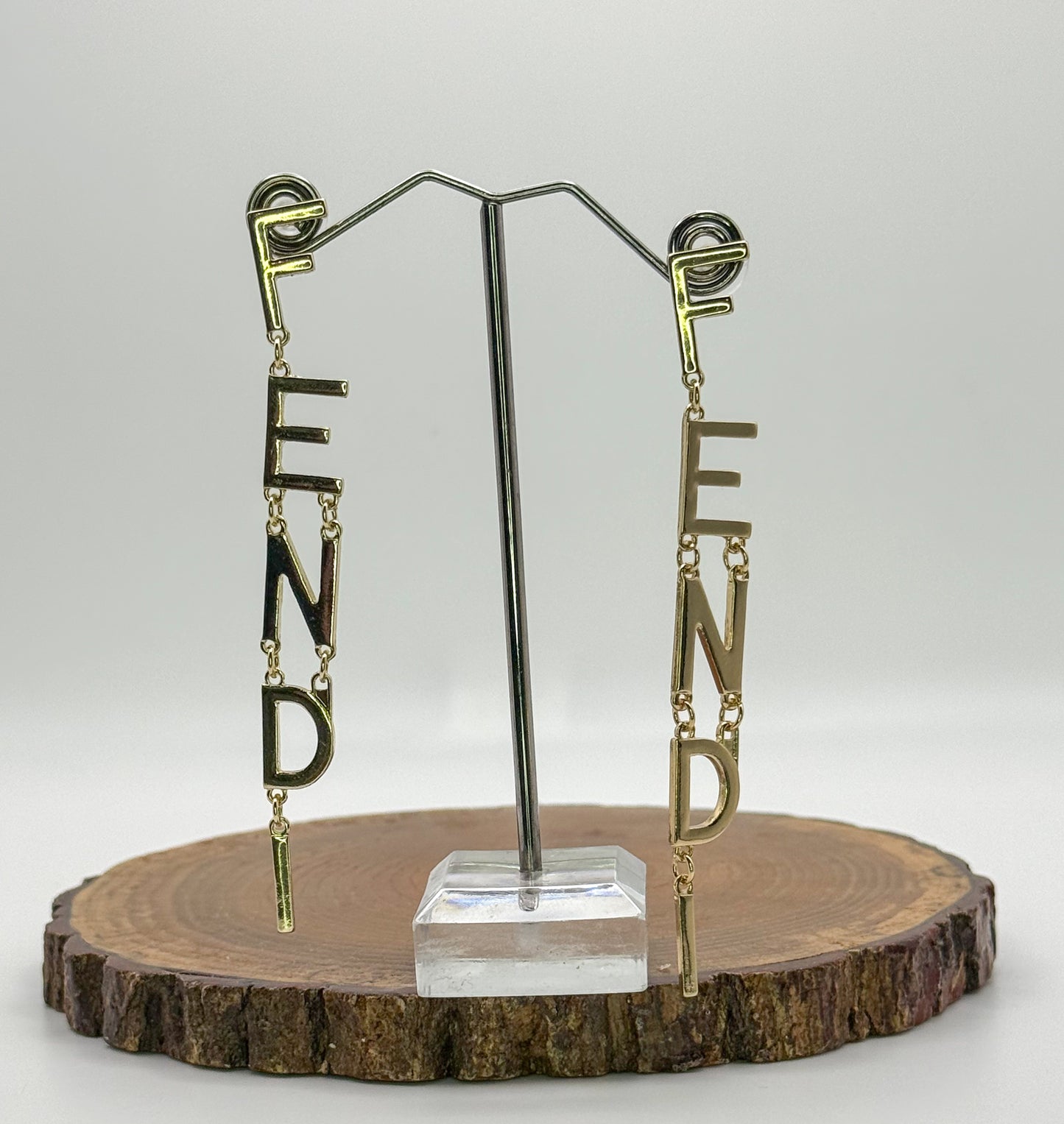 Long Gold Fendi Designer Dangle Stud Earrings