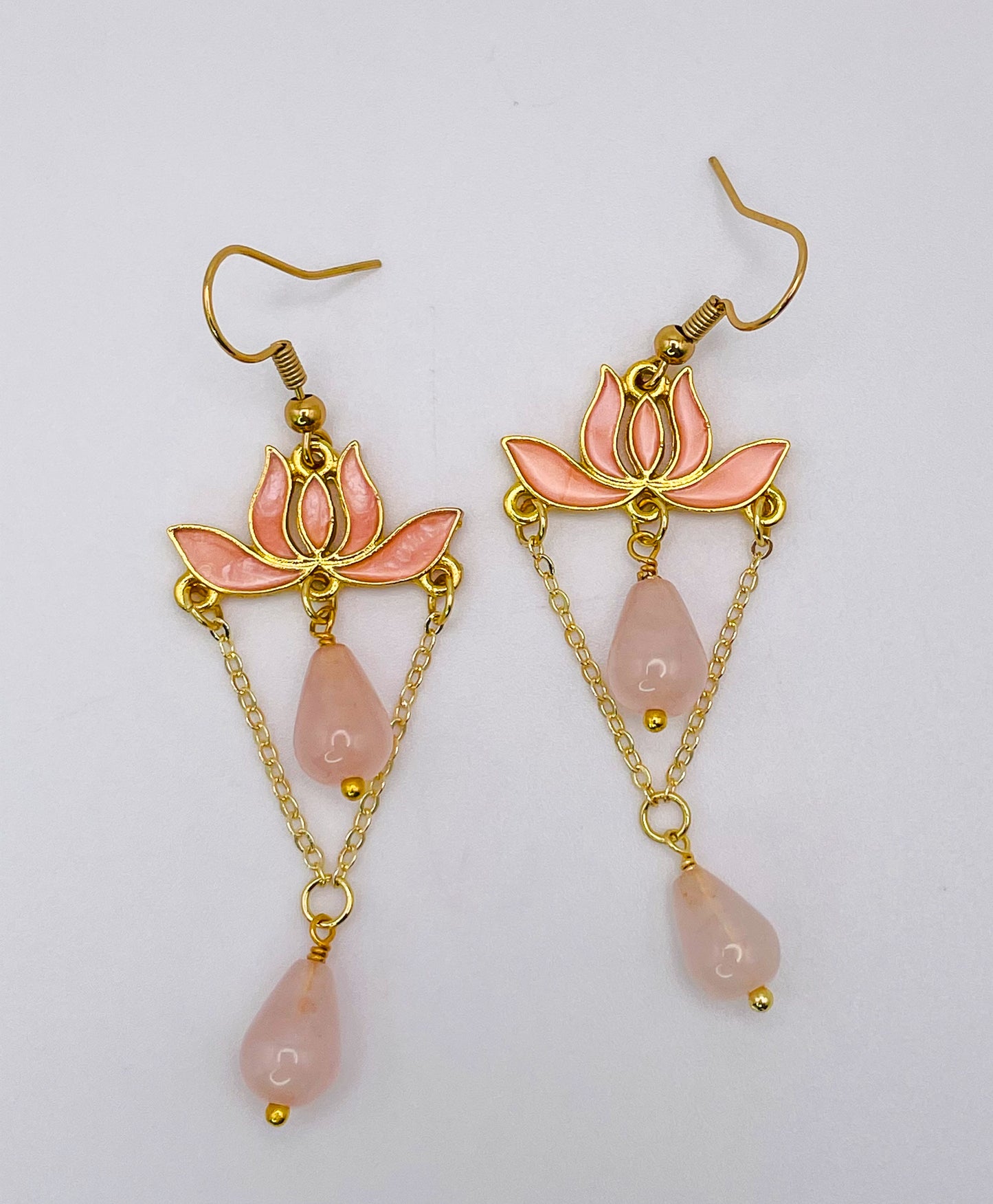 Gold Colorful Lotus Earrings with Natural Crystal Beaded Teardrops