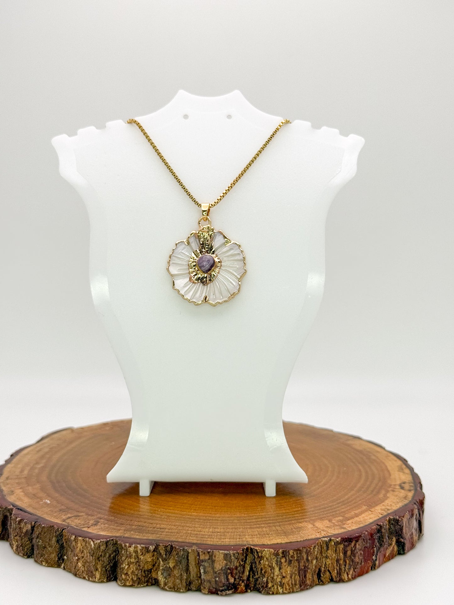 Nature’s Beauty Necklace-Natural Shell with Natural Turquoise Gemstone, Gold Stainless Steel Pendant Necklace