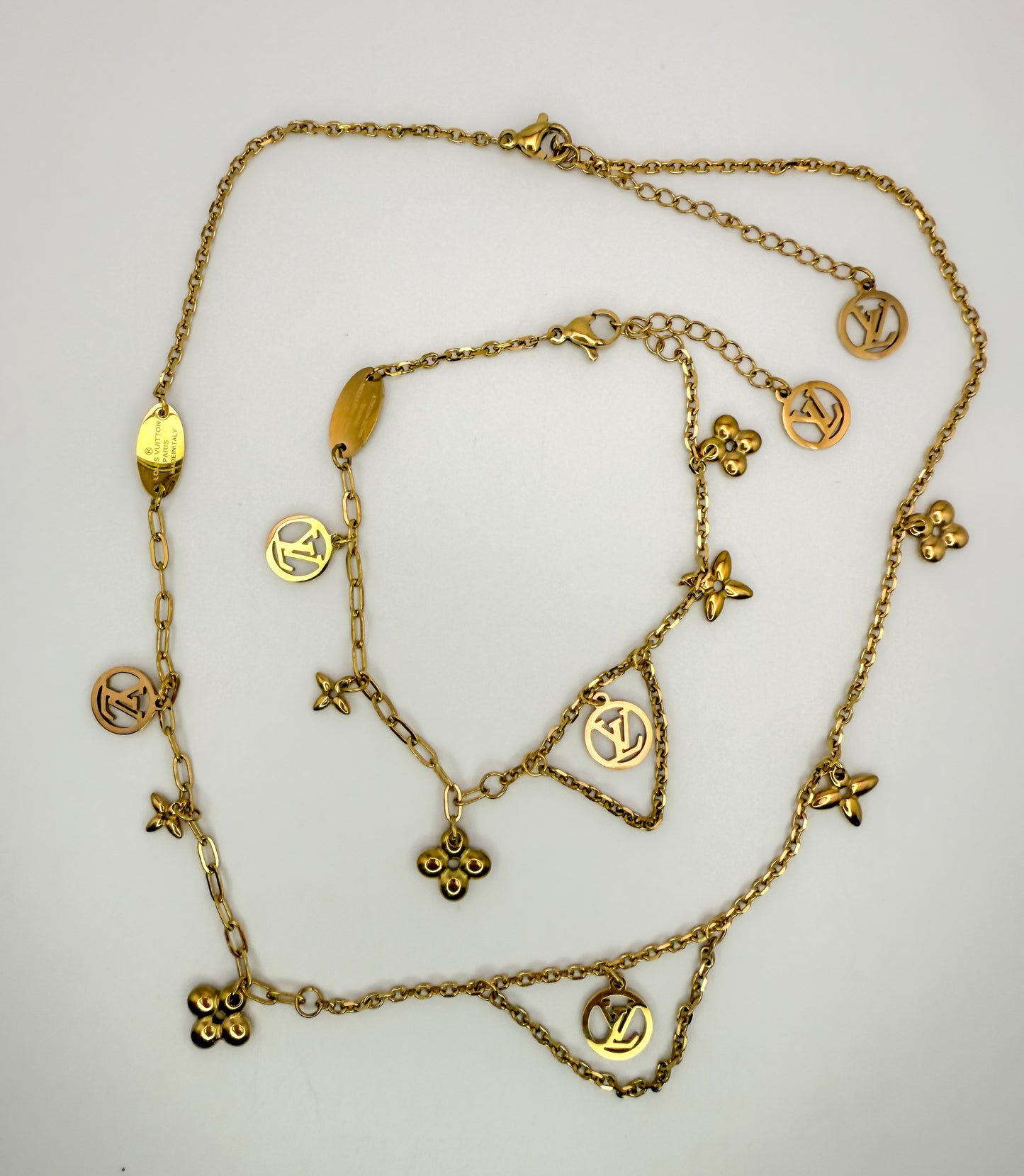 Matching LV Designer Logo Gold Stainless Steel Necklace & Bracelet Set