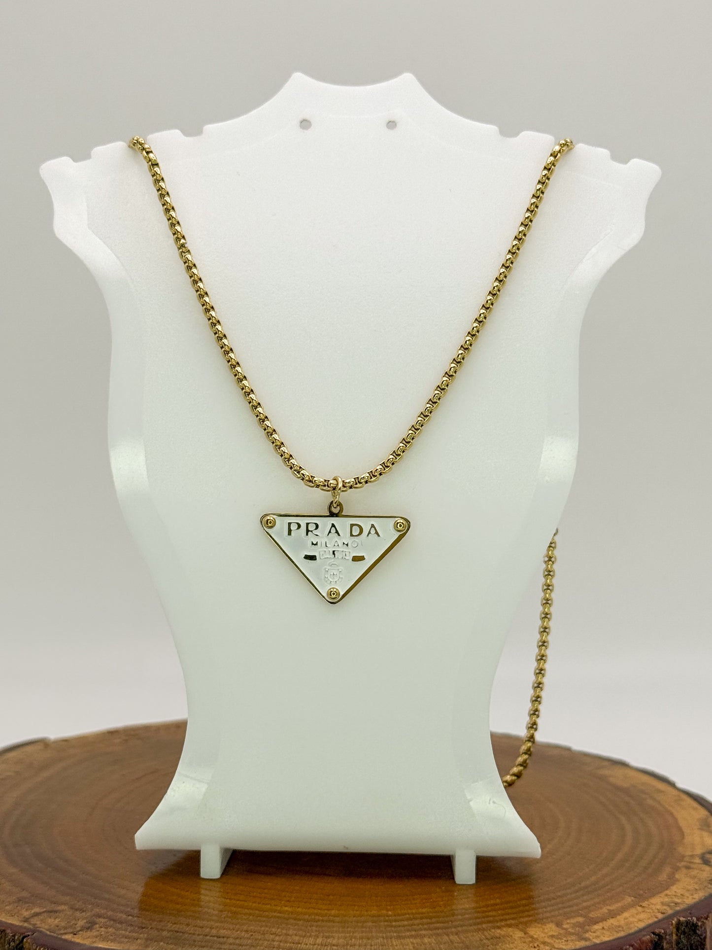 Gold Prada Designer Pendant Stainless Steel Necklace