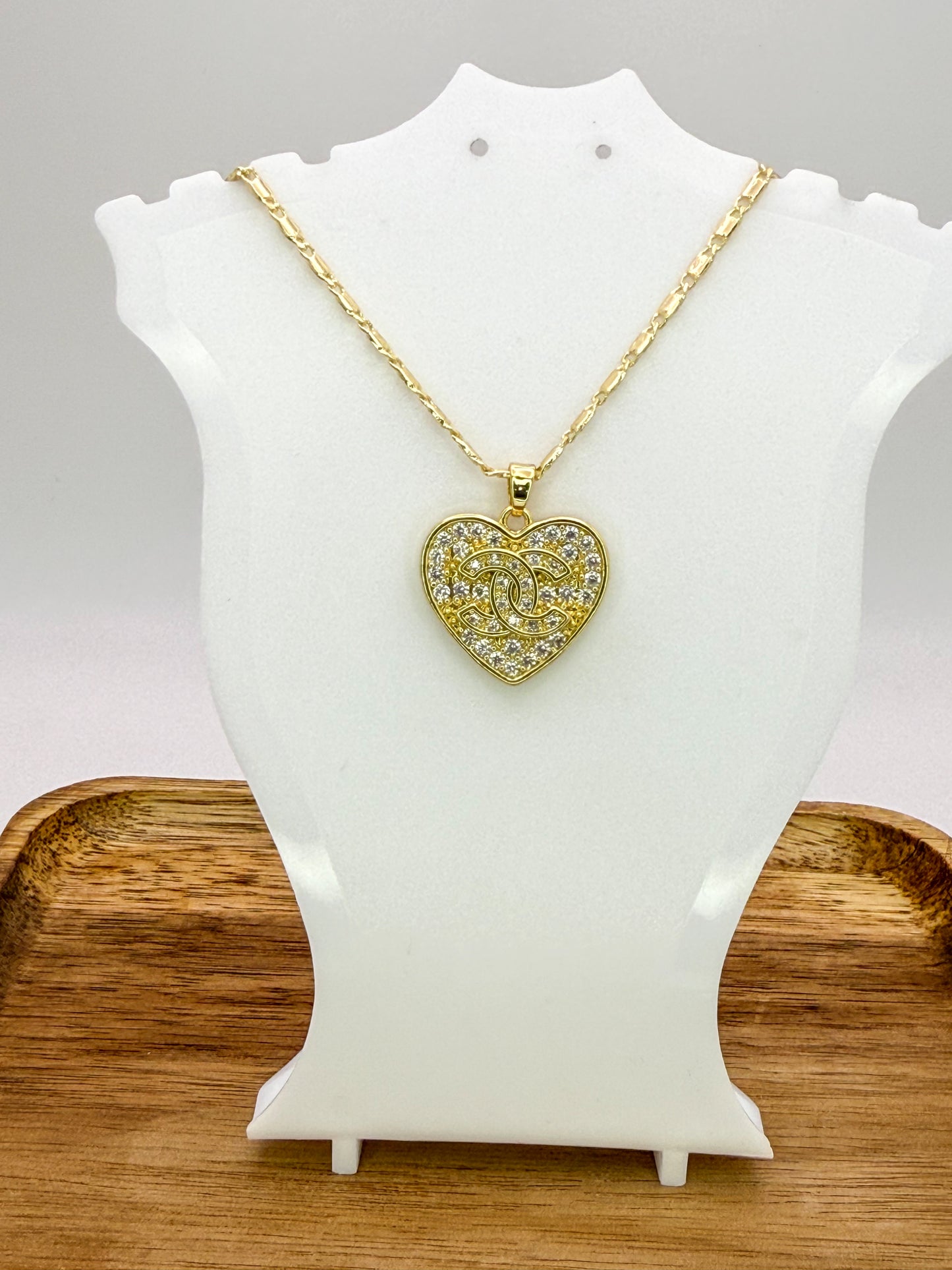 Sparkling Gold CC Heart Pendant on 24k Gold Filled Necklace Chain