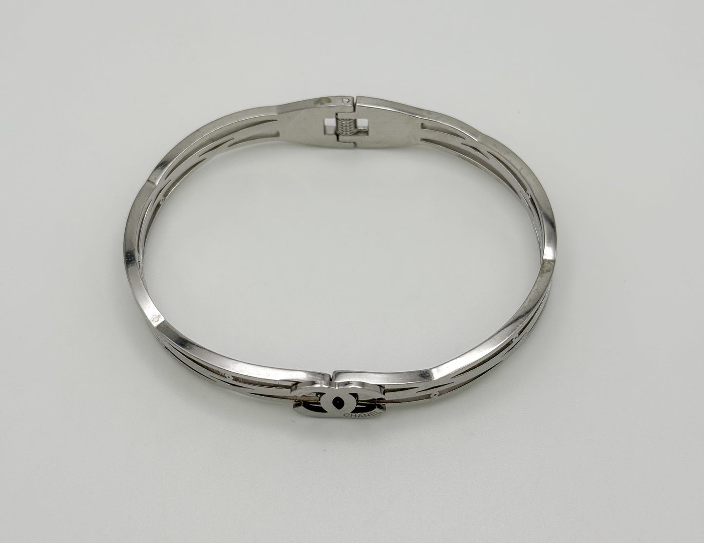 Silver Stainless Steel CC Designer Open Front Bangle Bracelet