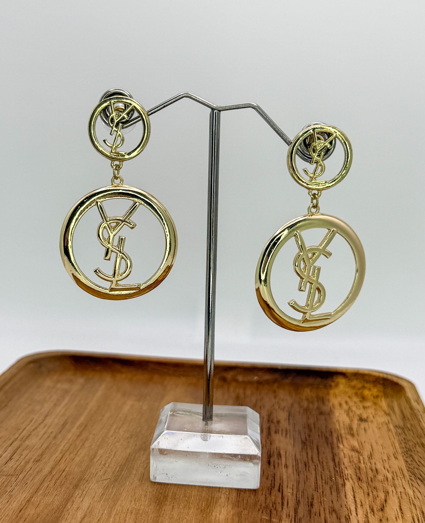 Gold YSL Stud Dangling Hoop Earrings