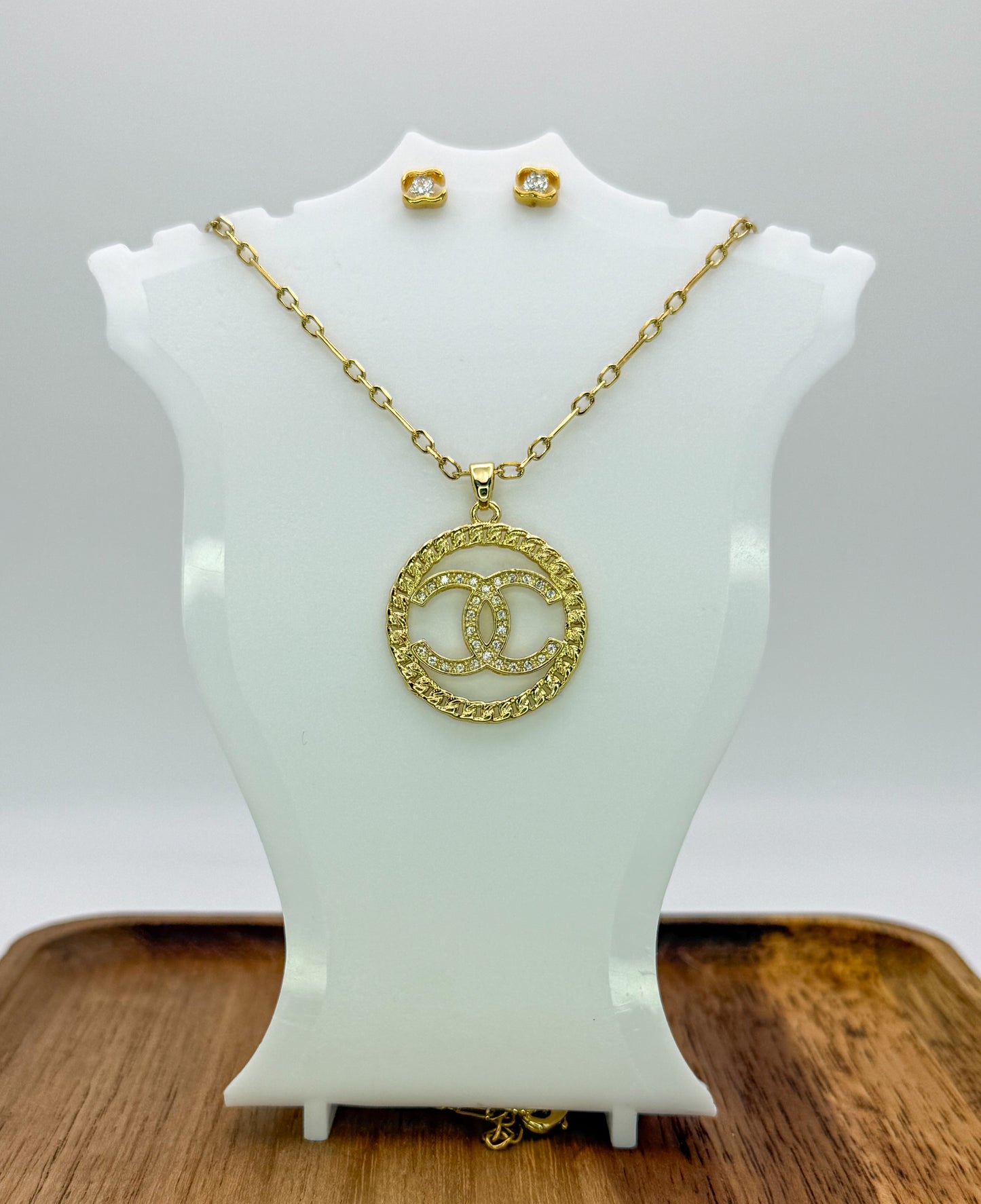 Gold CC Designer Round Pendant on 24k Gold Filled chain with Matching Gold CC Stud Earrings