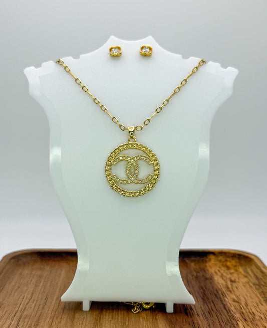 Gold CC Designer Round Pendant on 24k Gold Filled chain with Matching Gold CC Stud Earrings