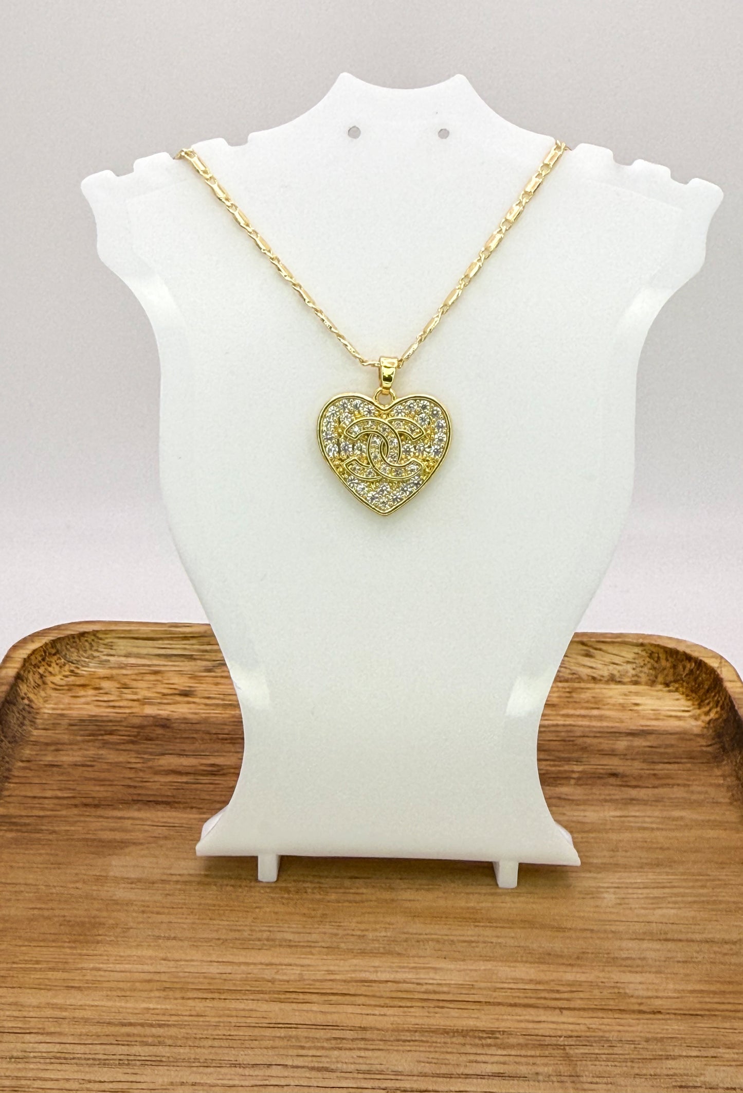 Sparkling Gold CC Heart Pendant on 24k Gold Filled Necklace Chain