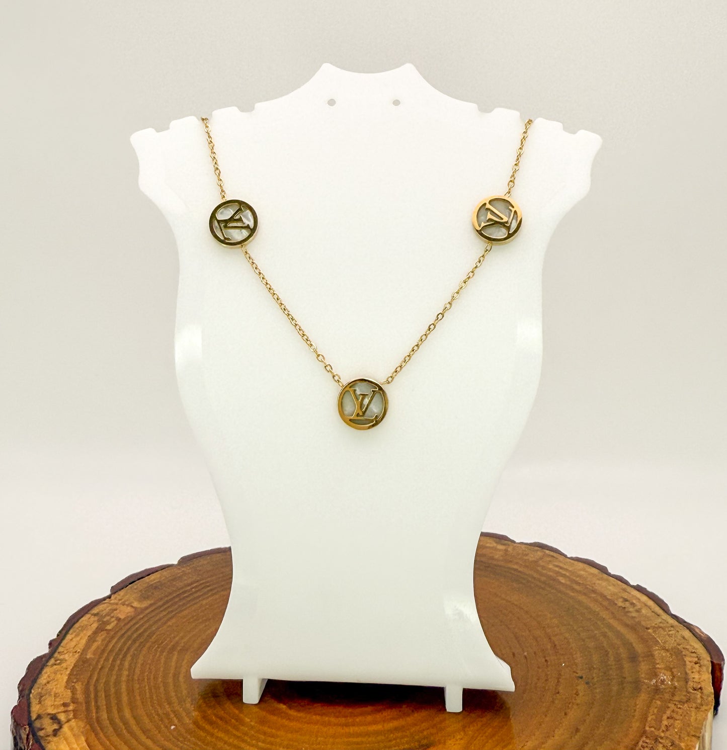 Round LV Designer Gold Stainless Steel Necklace with Mother of Pearl Shell Inclusions