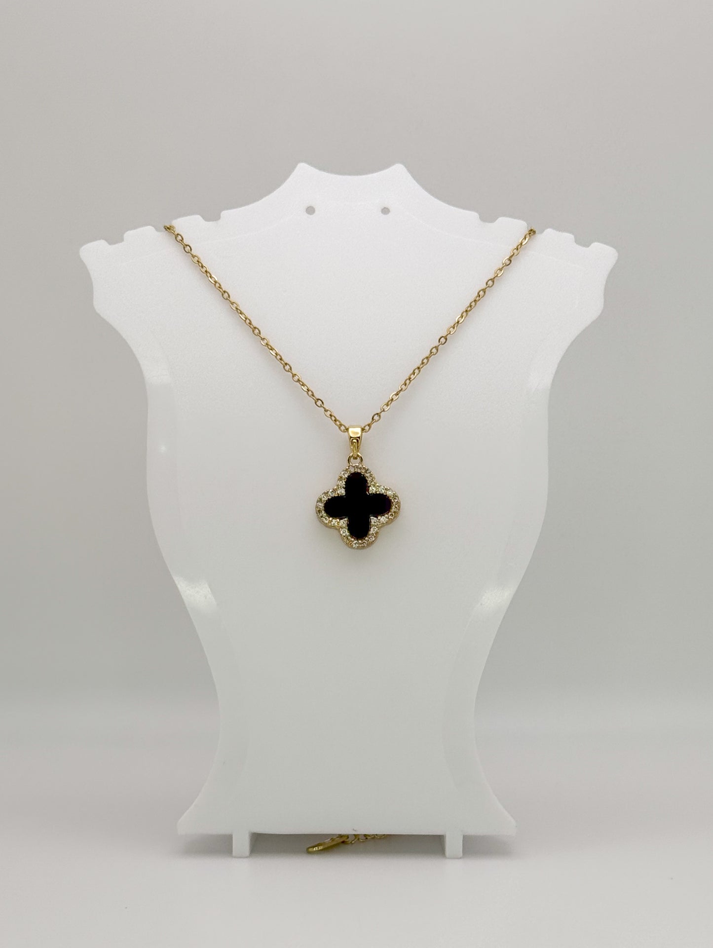 LV Black/White Front & Back Reversible Clover Gold Adjustable Stainless Steel Necklace