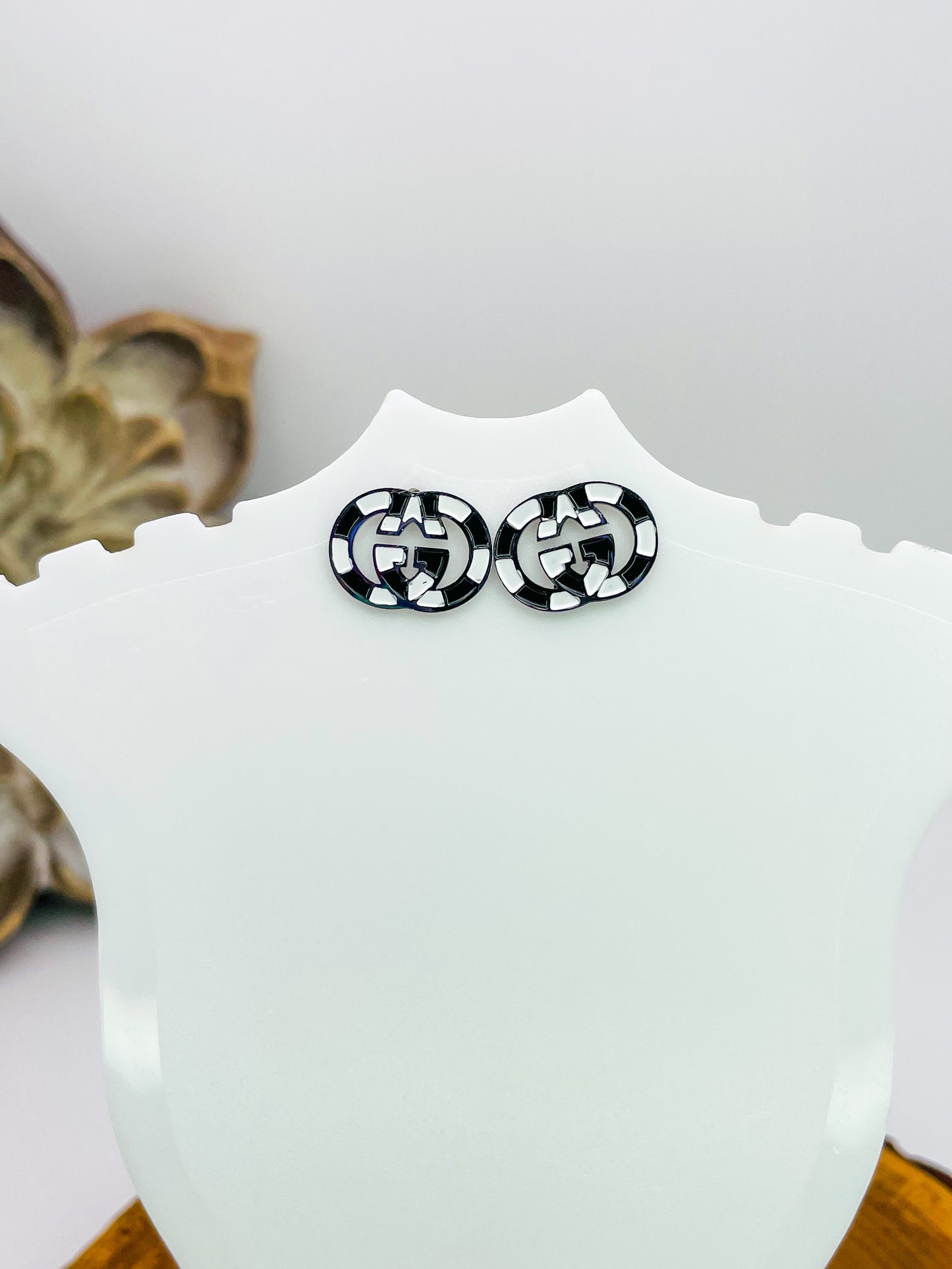 Gucci GG Logo Black & White Silver Stud Earrings